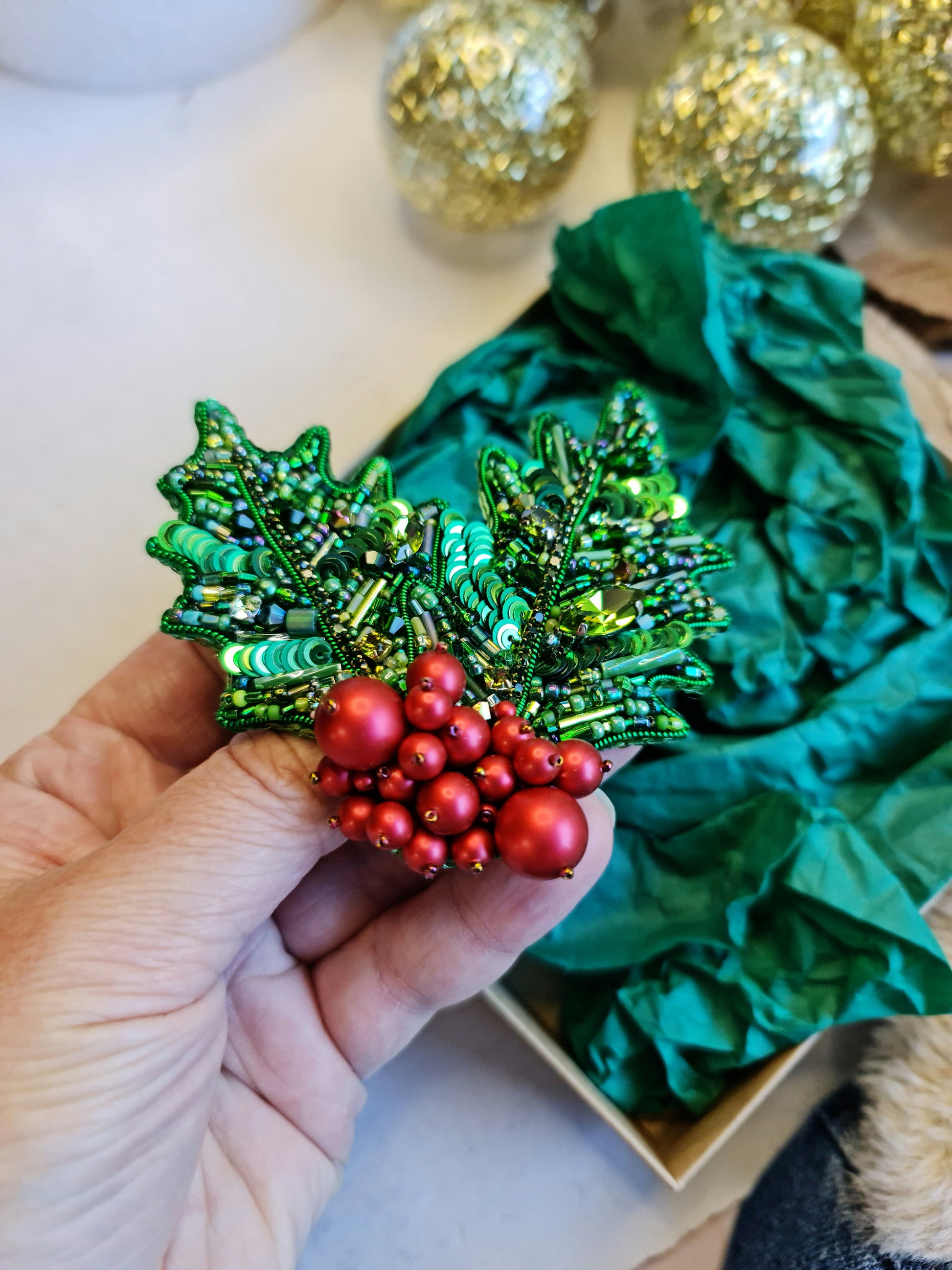 Holly Berry Christmas Brooch