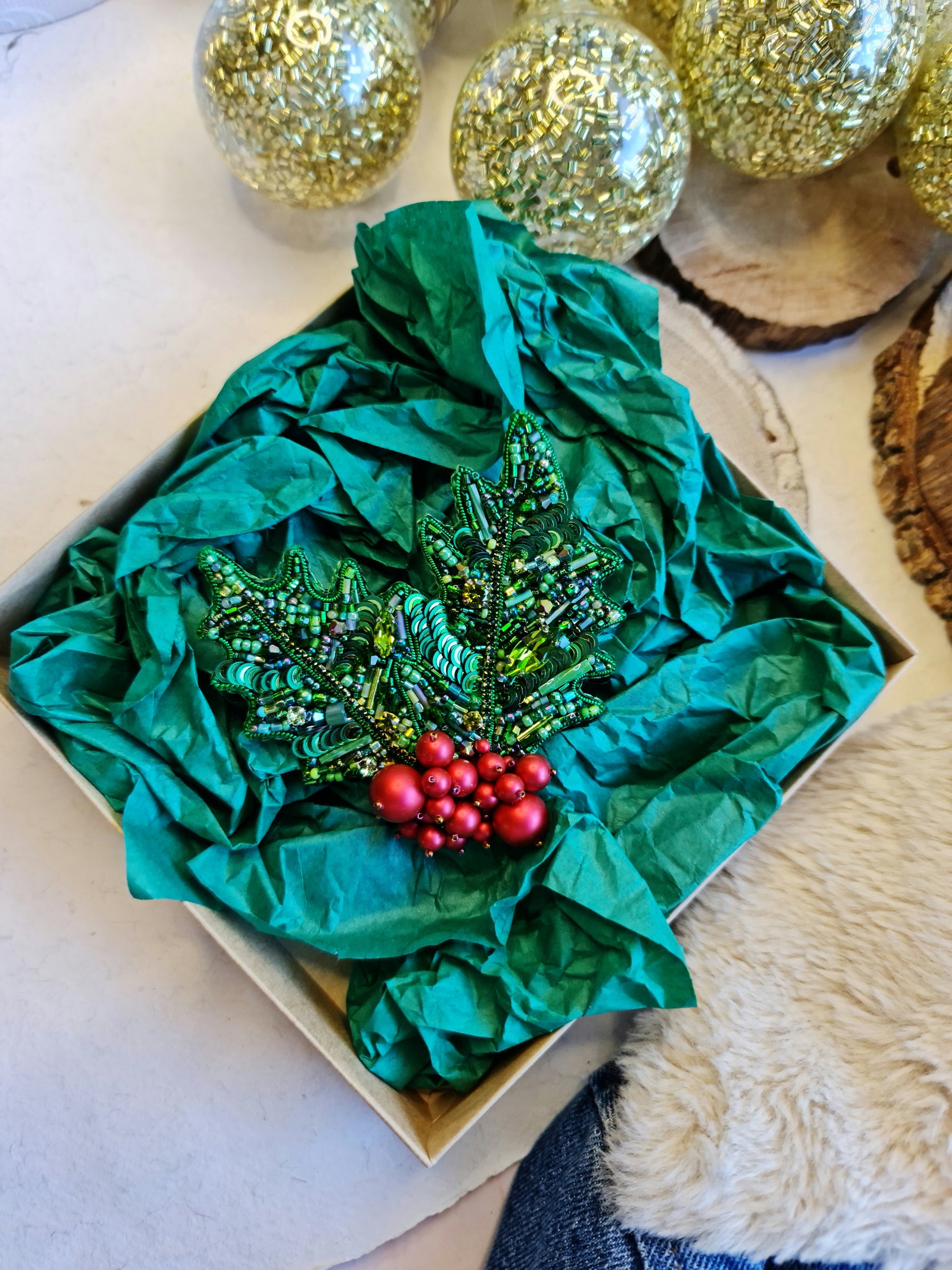 Holly Berry Christmas Brooch