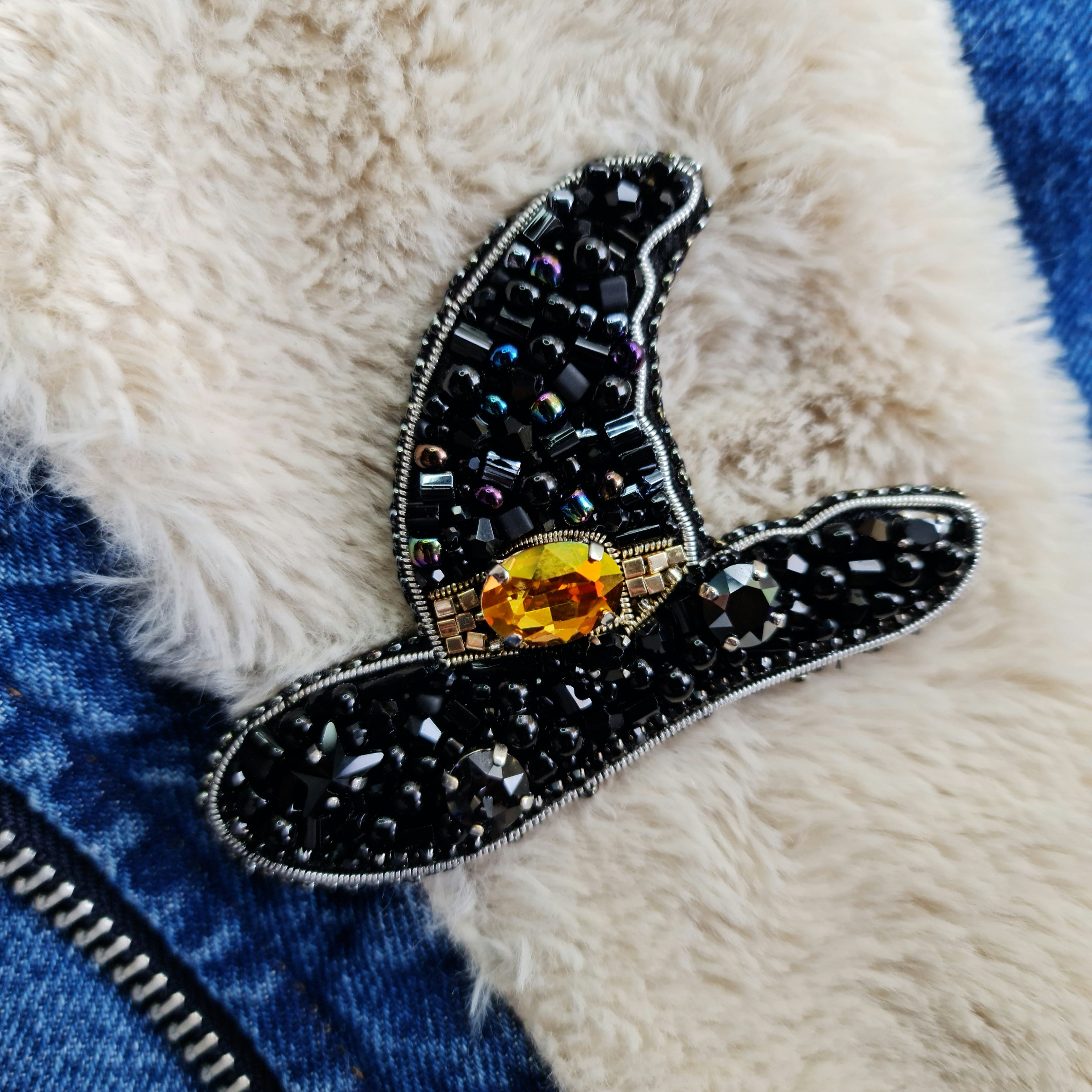 Black witch hat beaded brooch hand embroidered with black beads and orange crystal detail