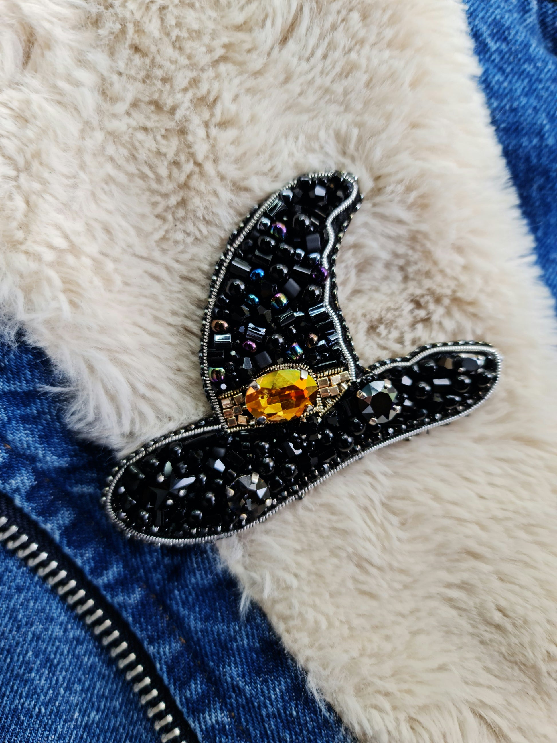Black witch hat beaded brooch hand embroidered with black beads and orange crystal detail