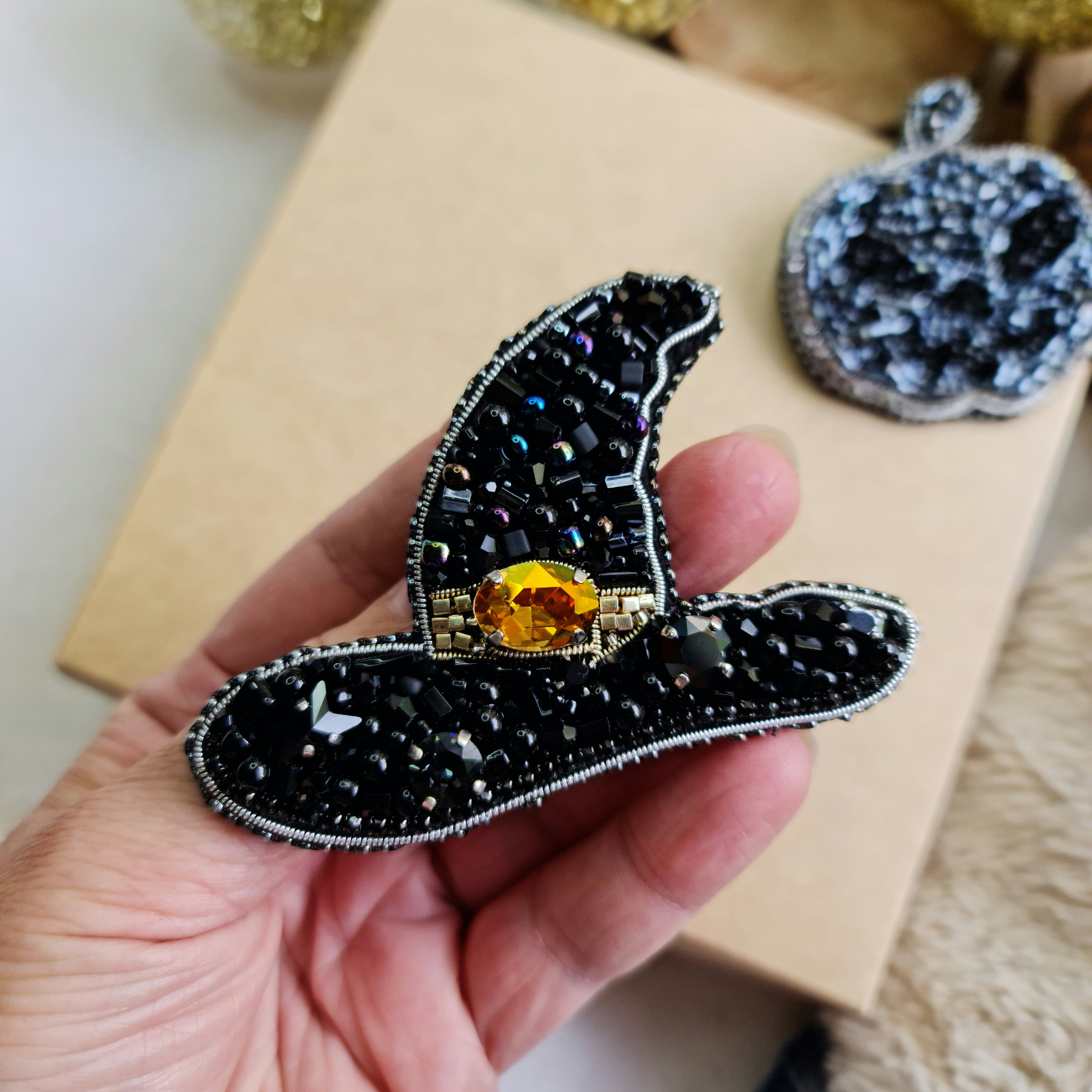 Black Witch Hat Beaded Brooch