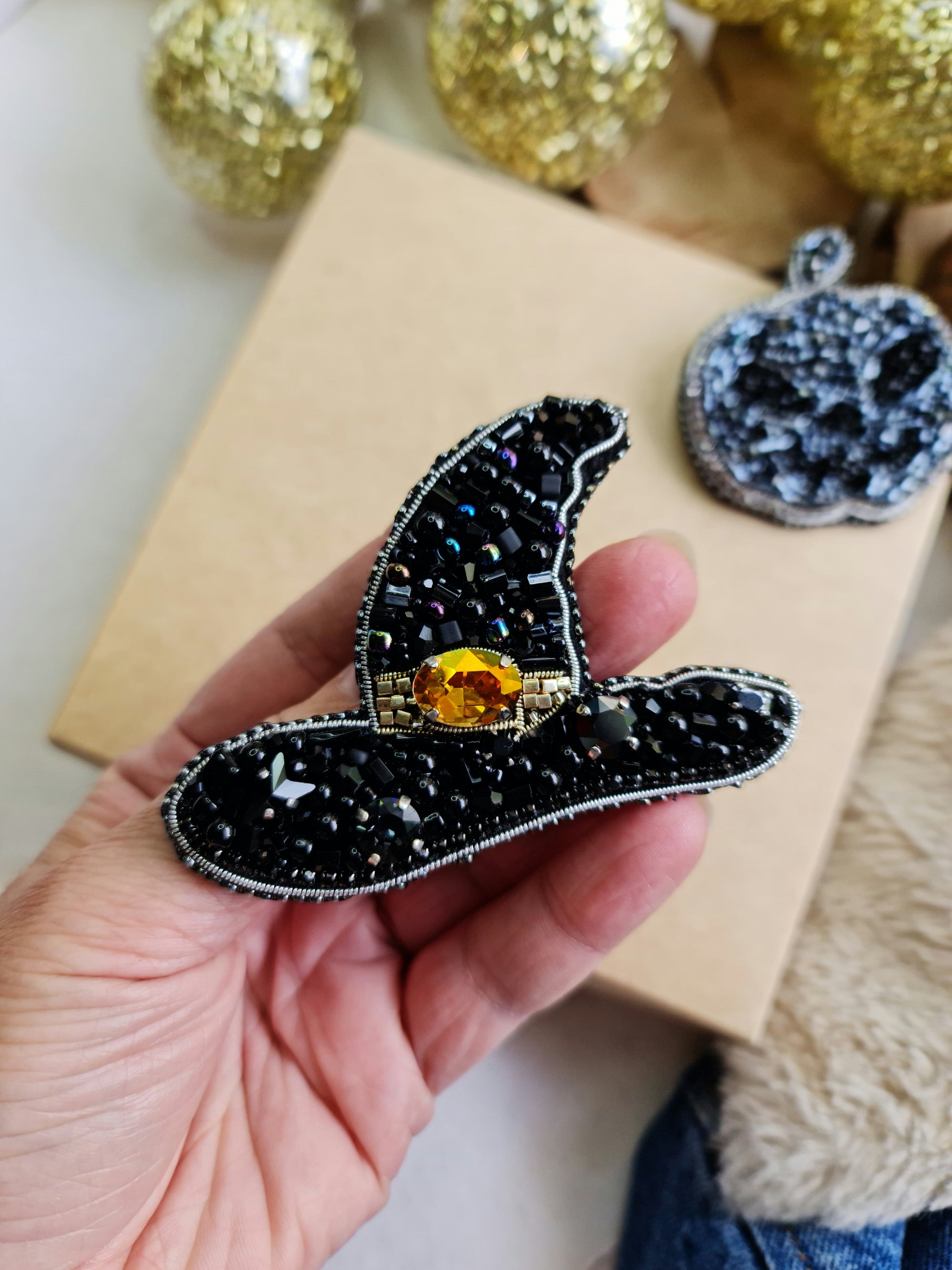 Black Witch Hat Beaded Brooch