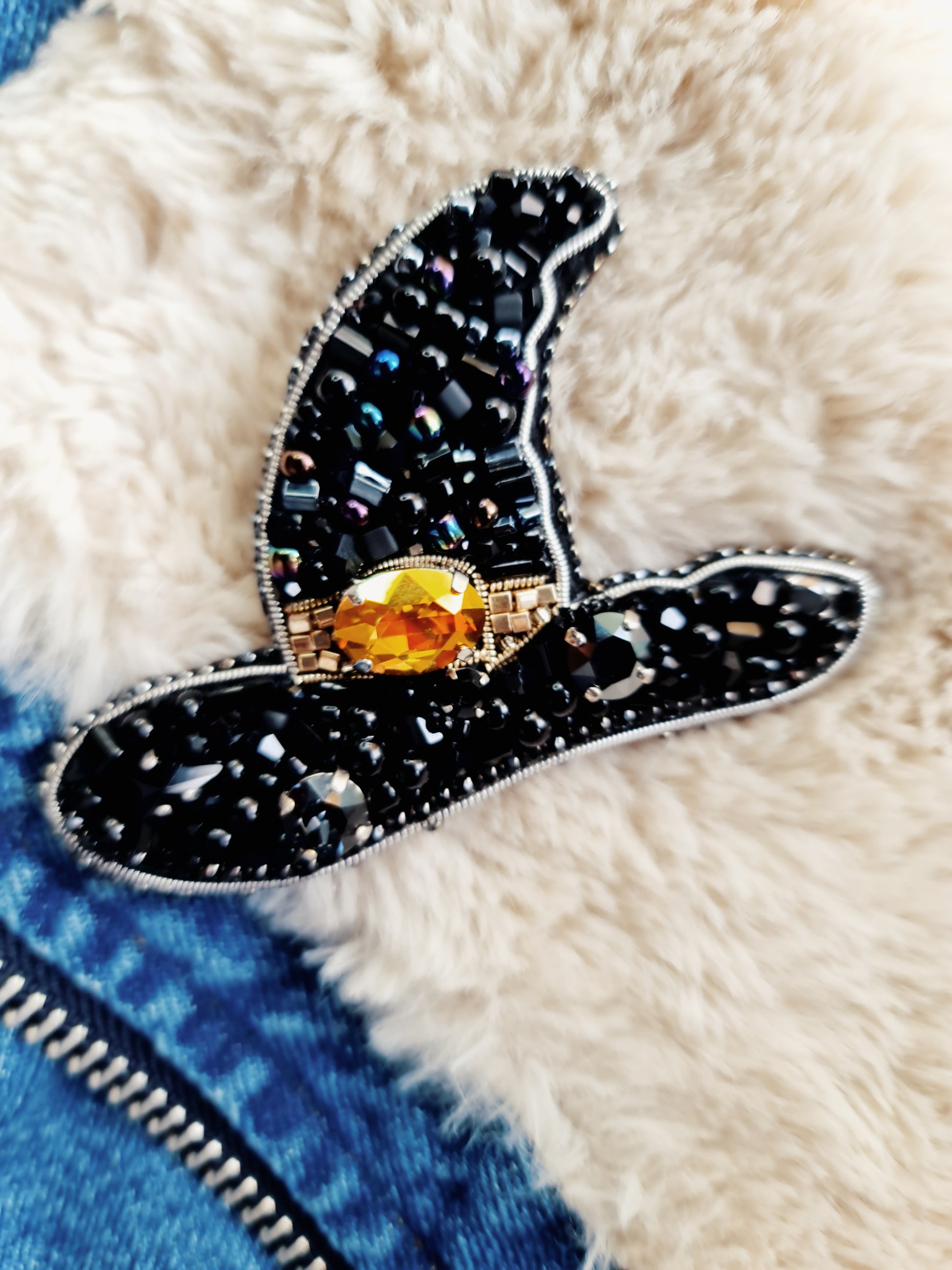Black Witch Hat Beaded Brooch