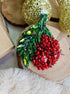 Red berry beaded brooch hand embroidered with green leaves crystals and bead details