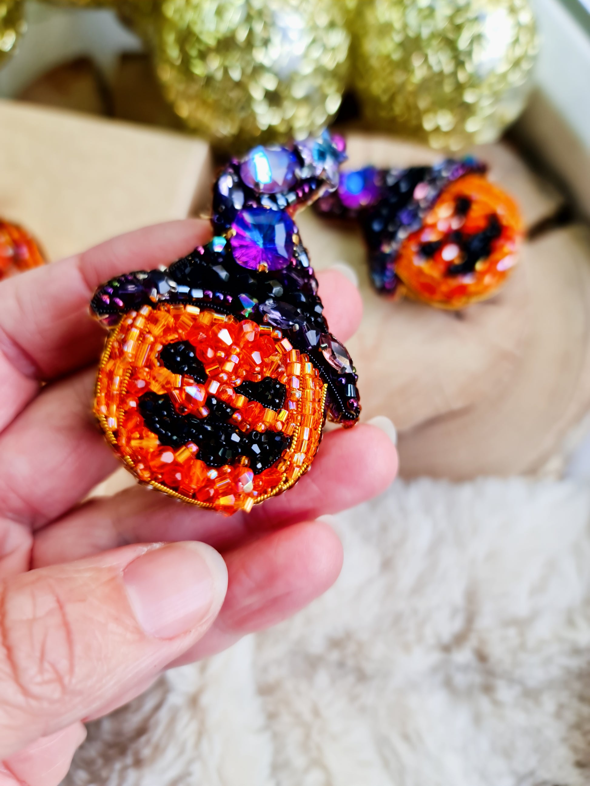 Halloween Pumpkin Beaded Brooch