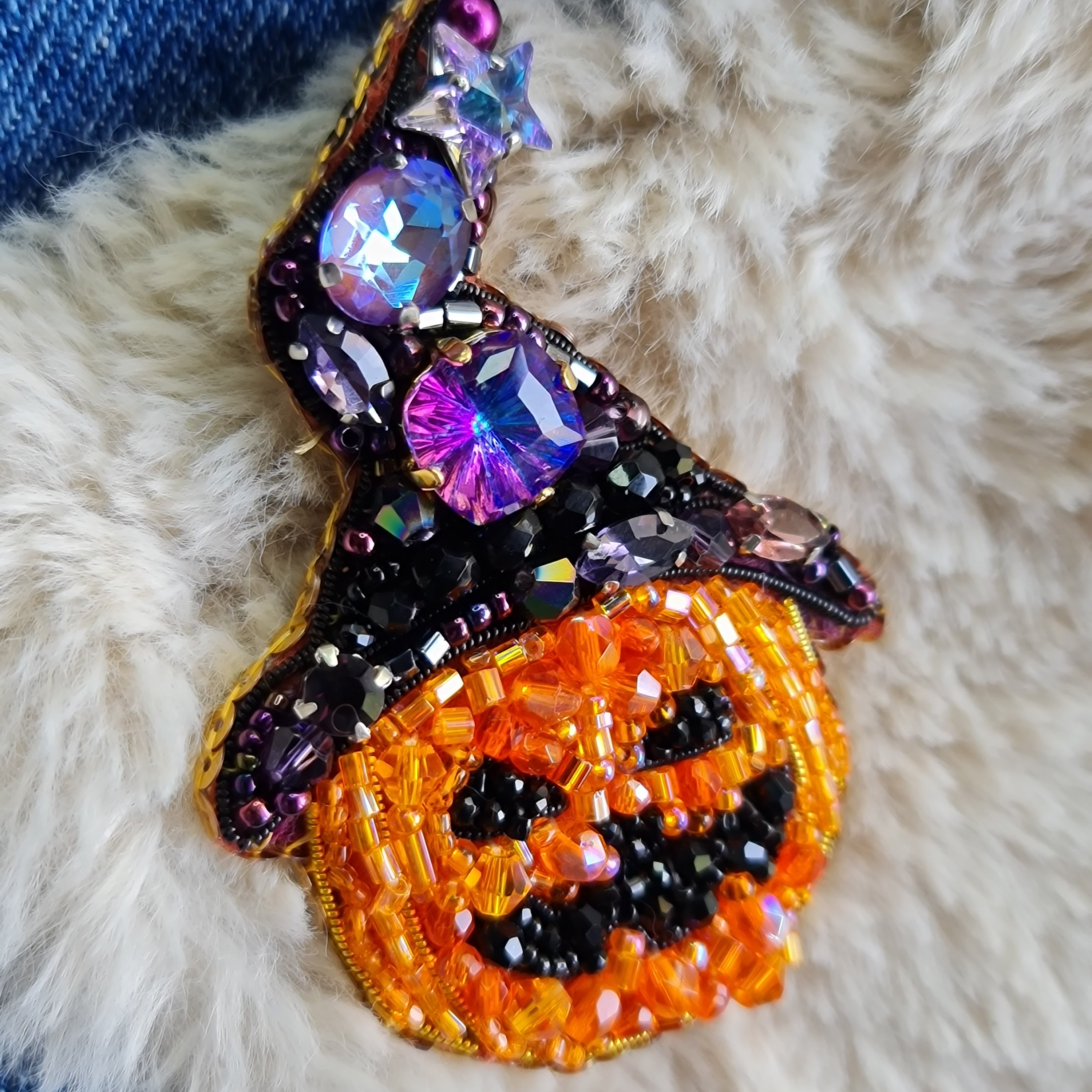 Halloween pumpkin beaded brooch hand embroidered with orange beads black hat and crystal details
