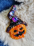 Halloween pumpkin beaded brooch hand embroidered with orange beads black hat and crystal details