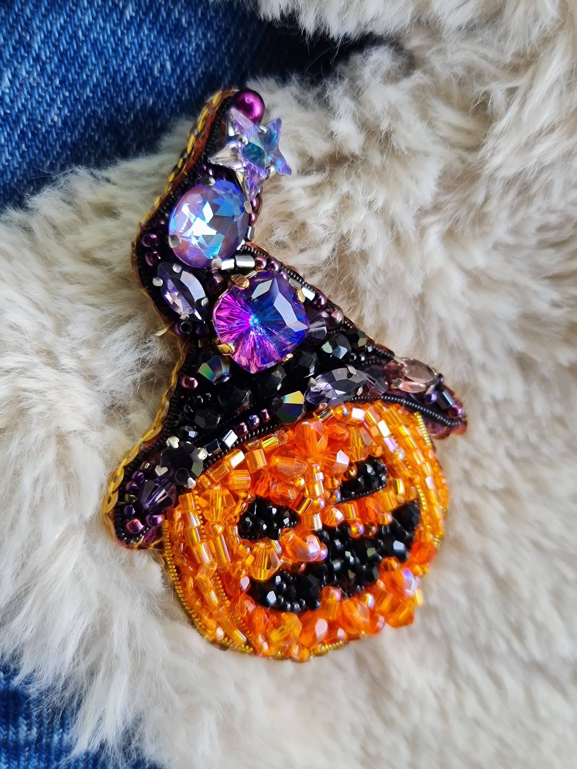 Halloween pumpkin beaded brooch hand embroidered with orange beads black hat and crystal details