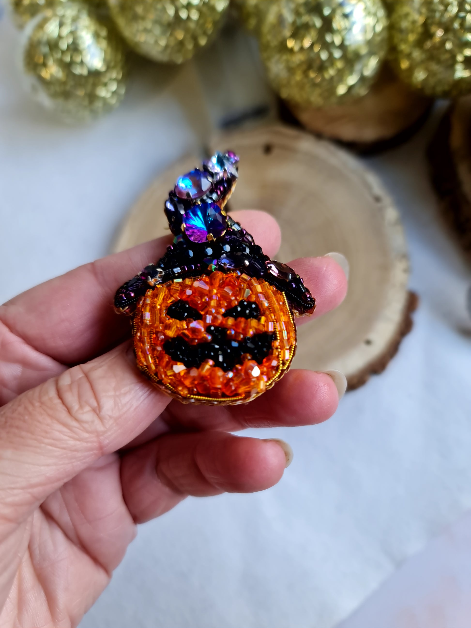 Halloween Pumpkin Beaded Brooch