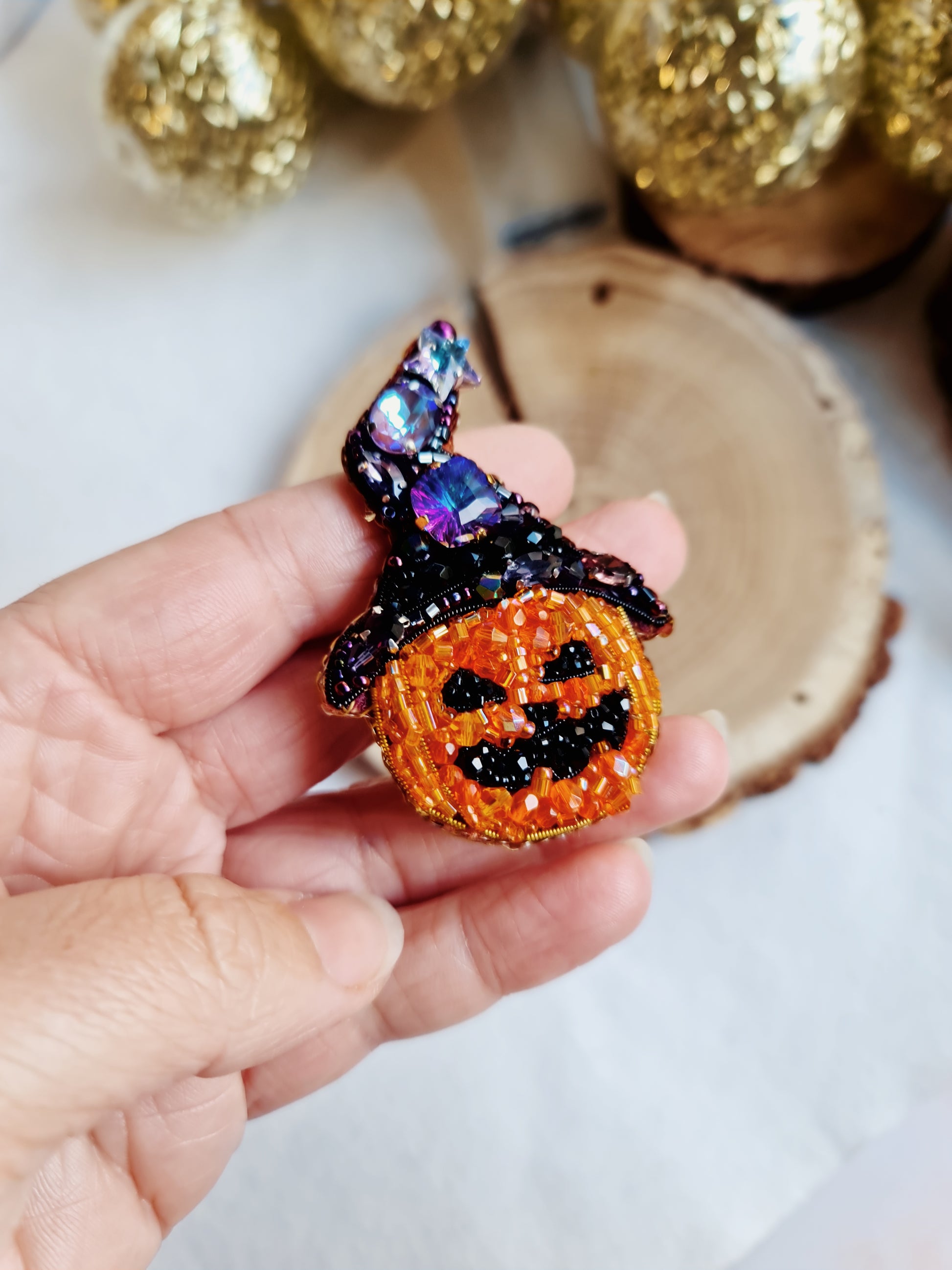 Halloween Pumpkin Beaded Brooch