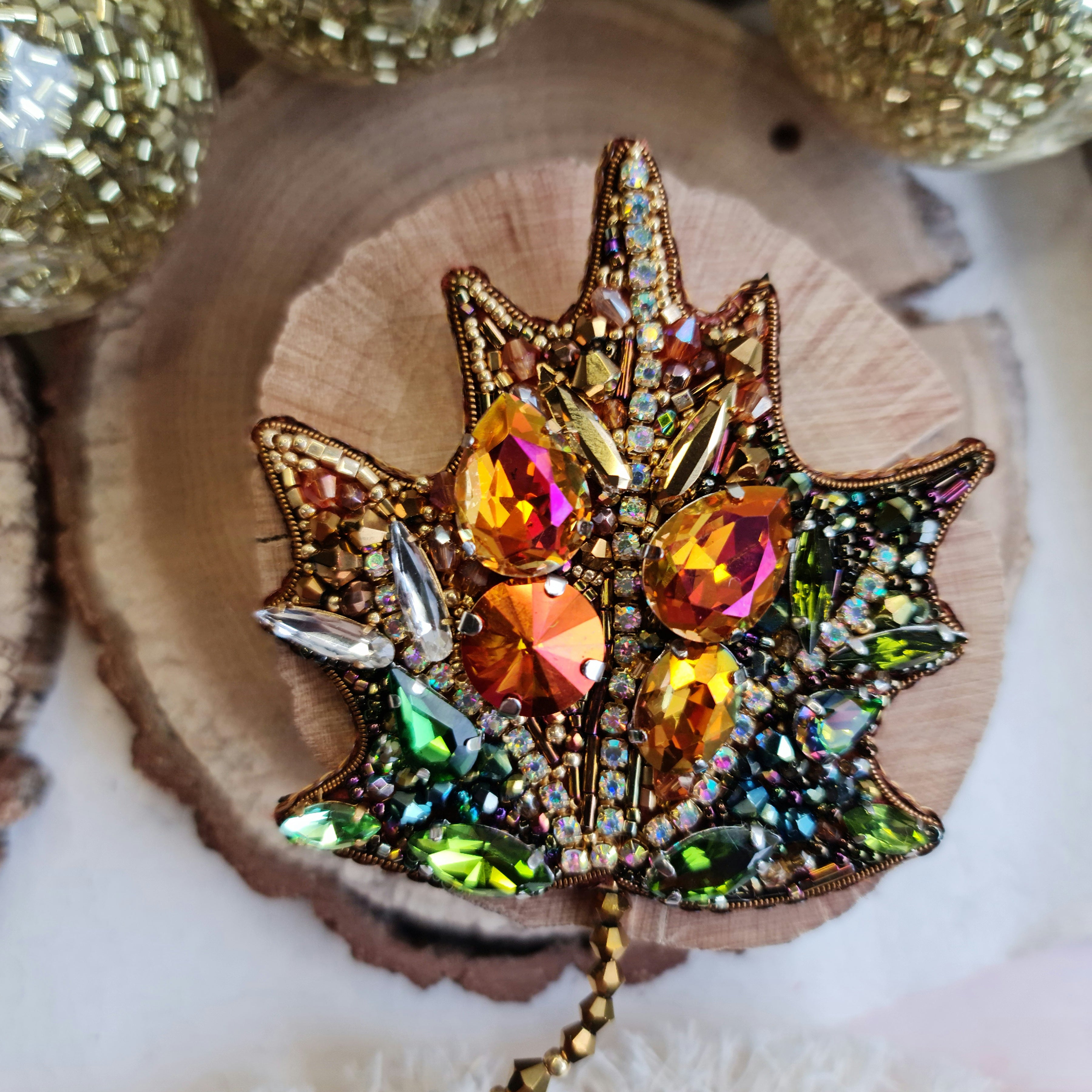 Autumn maple leaf beaded brooch hand embroidered with colorful crystals and gold beads