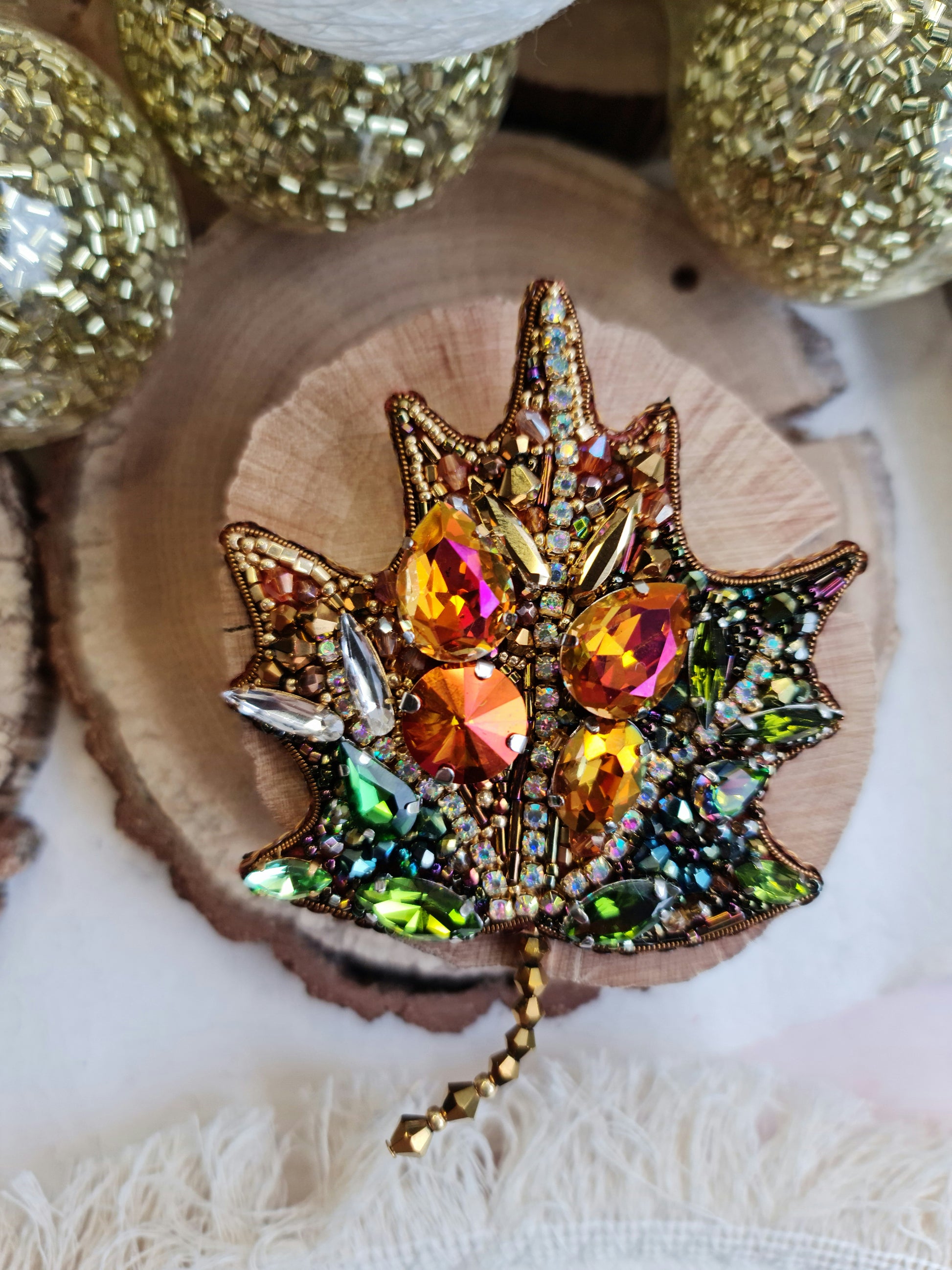 Autumn maple leaf beaded brooch hand embroidered with colorful crystals and gold beads