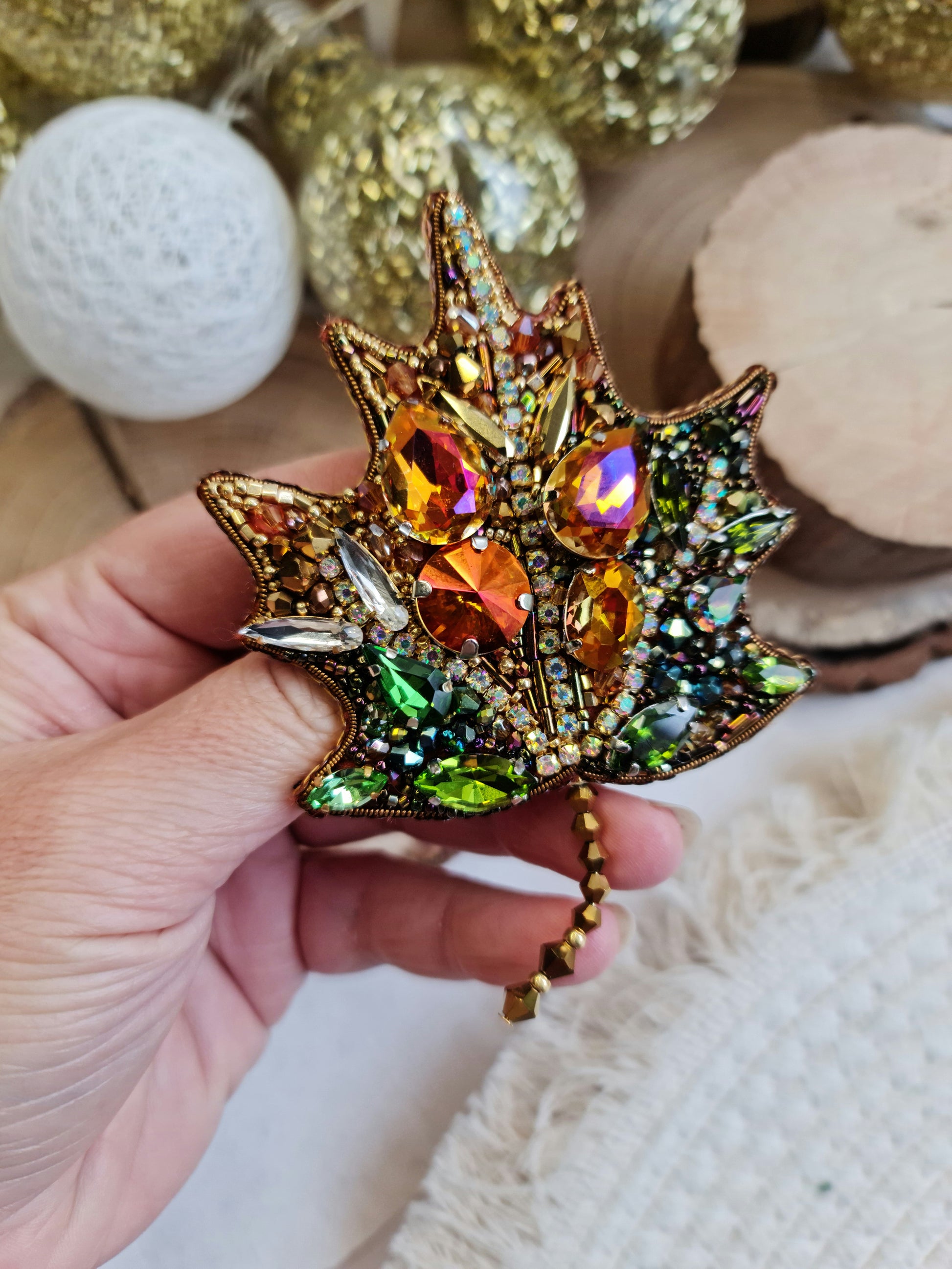 Autumn Maple Leaf Beaded Brooch