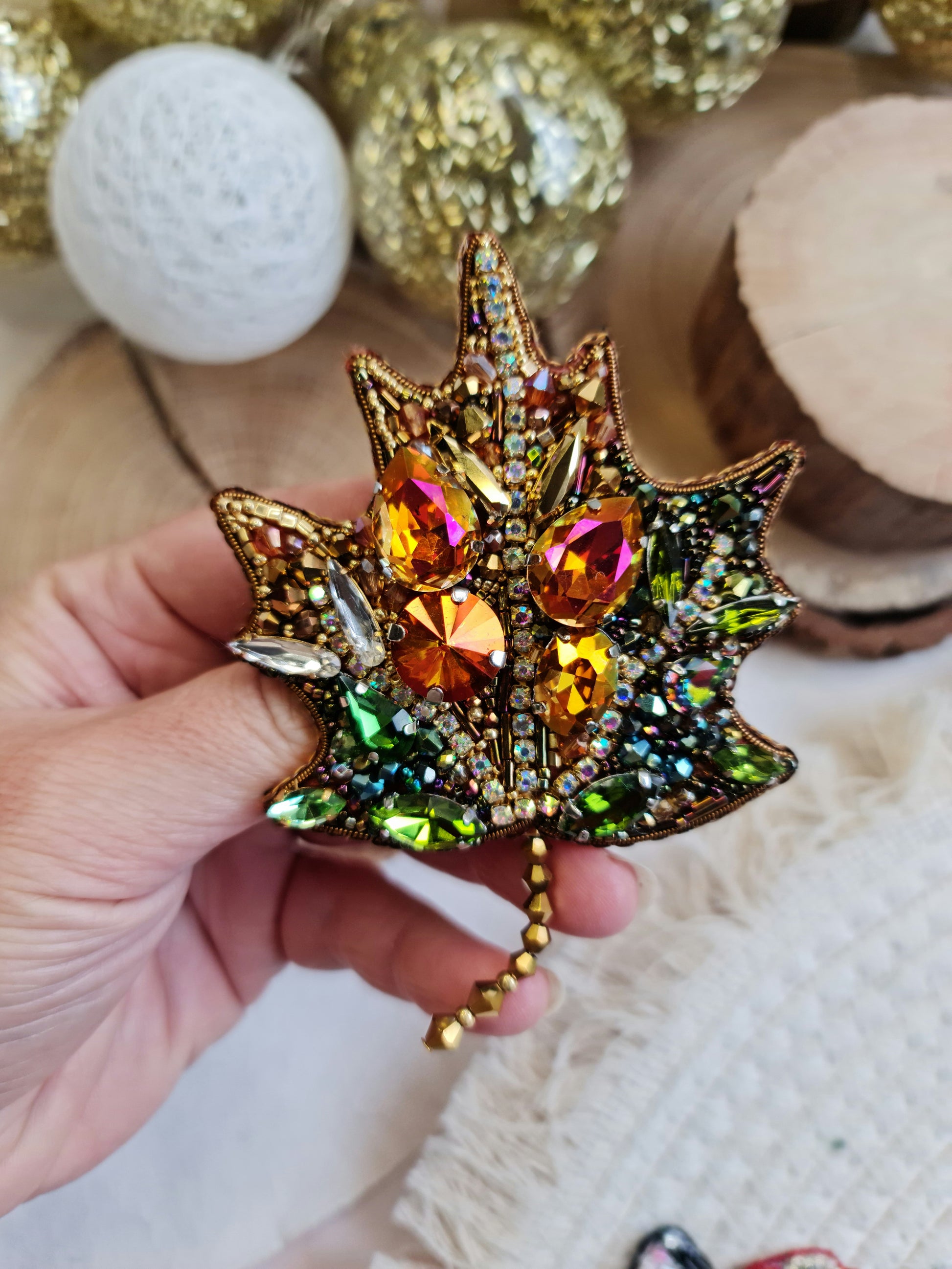 Autumn Maple Leaf Beaded Brooch