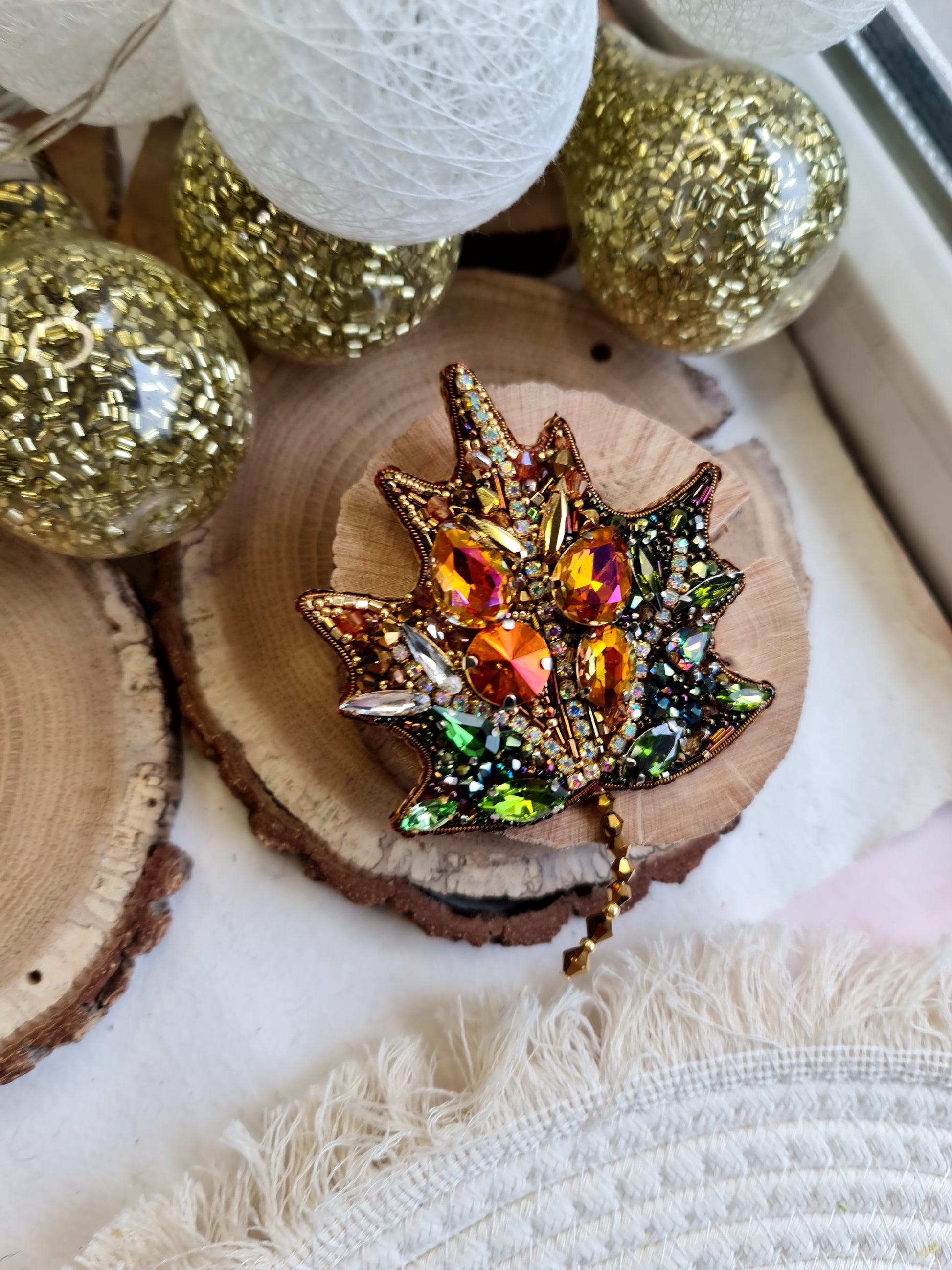 Autumn Maple Leaf Beaded Brooch