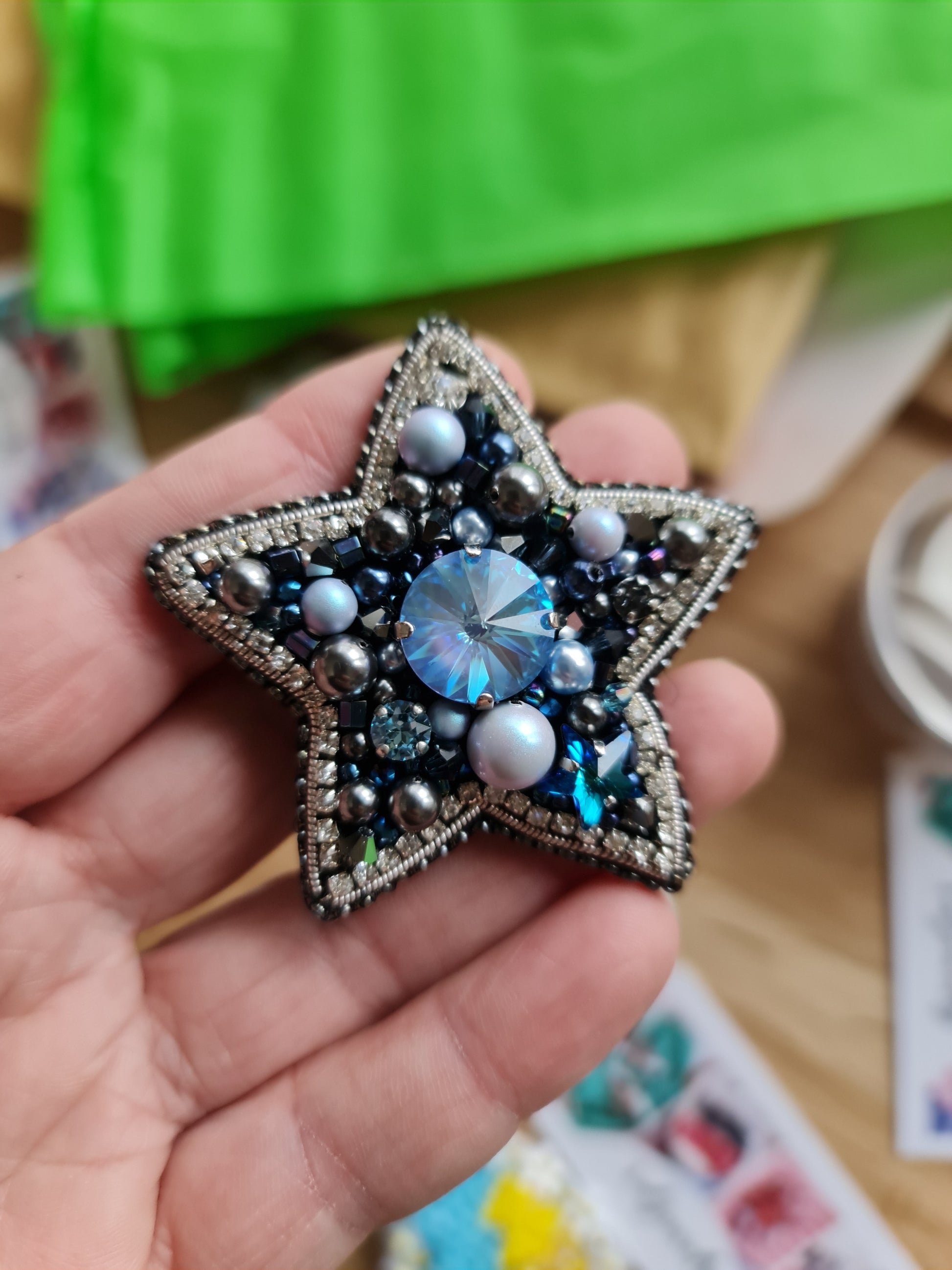 Blue Star Beaded Brooch