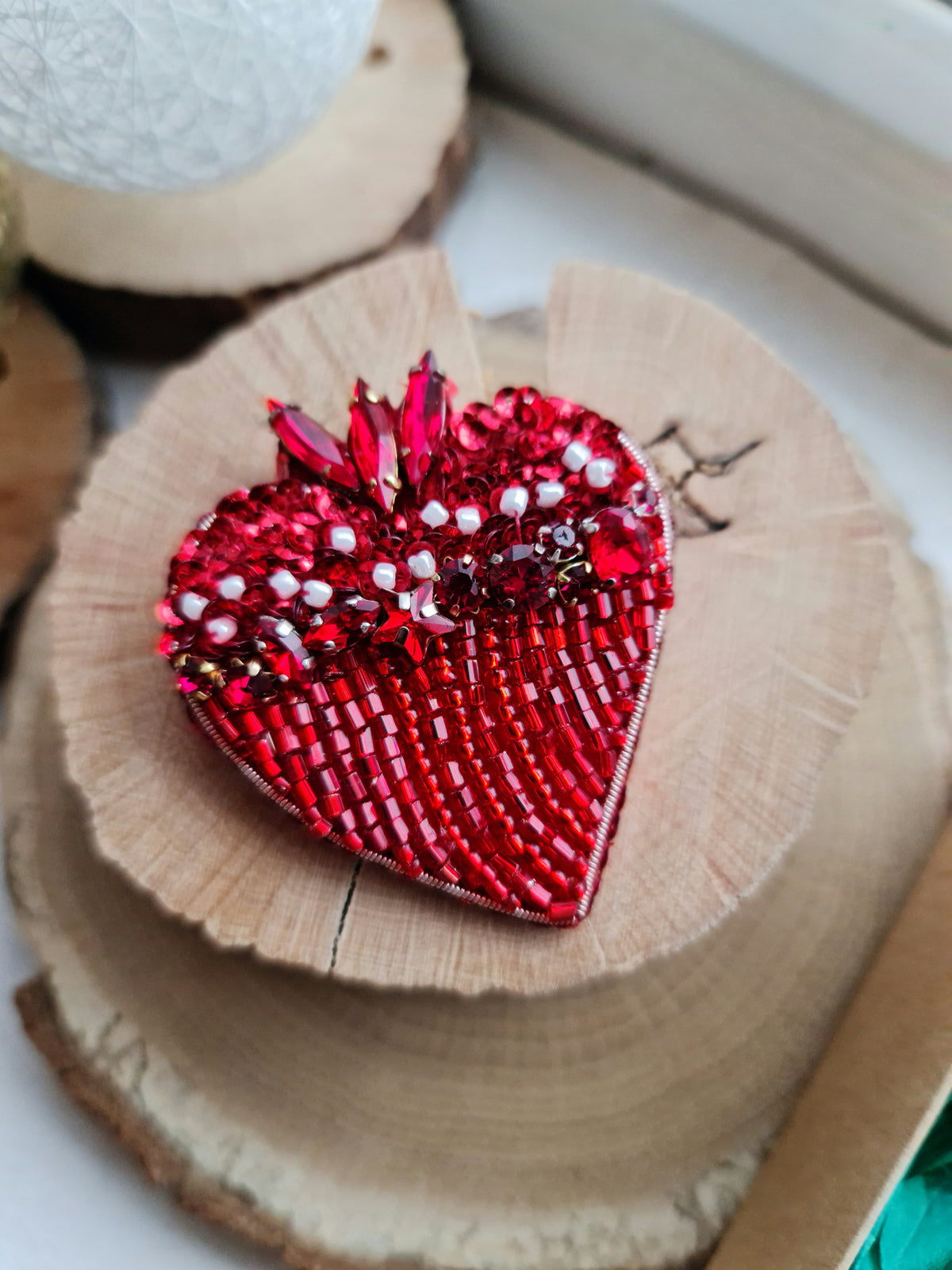 Red Heart Beaded Brooch | Handmade Embroidered Heart Pin