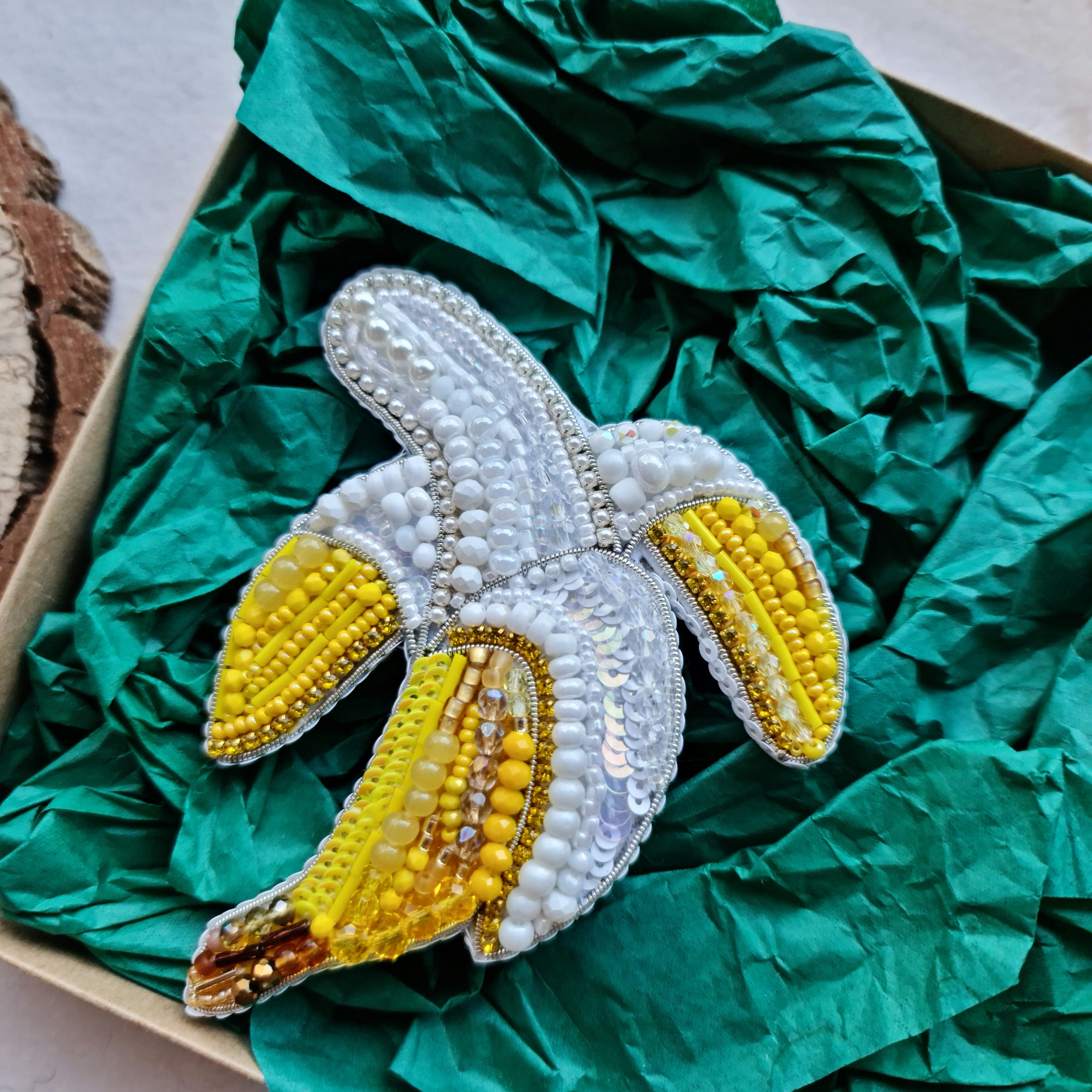 Large banana beaded brooch hand embroidered with yellow and white beads