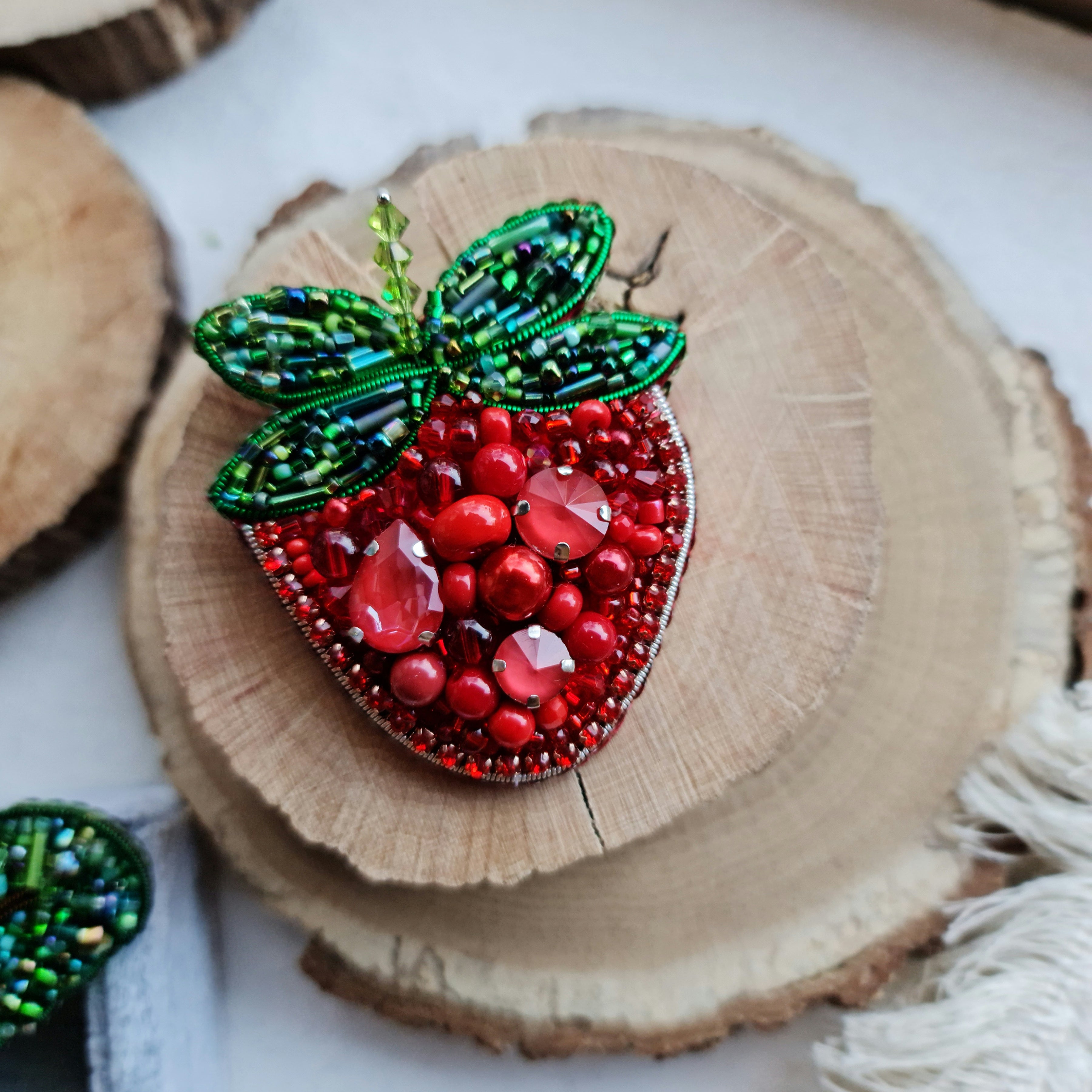 Red strawberry beaded brooch hand embroidered with glass beads and crystals