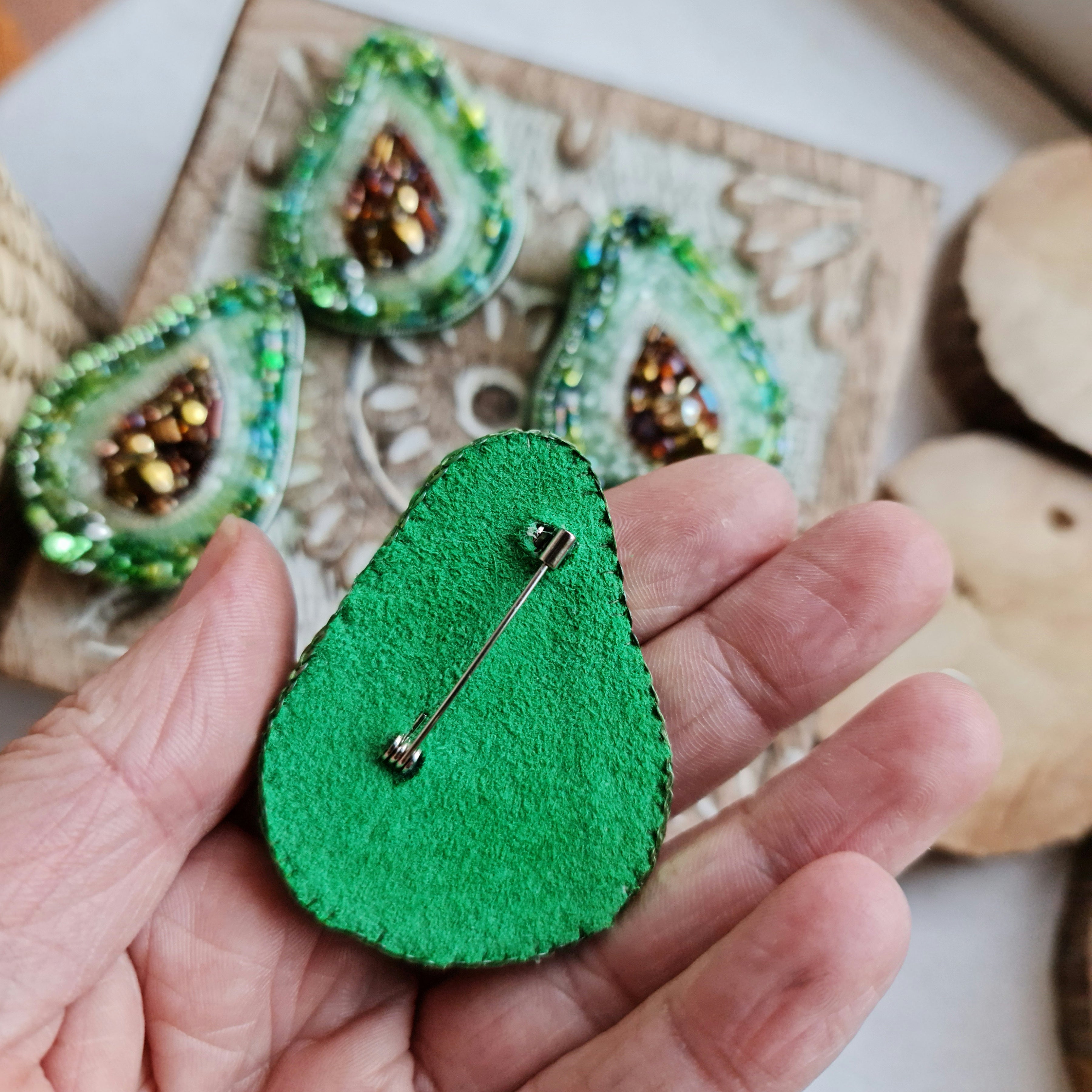 Lapel pin avocado beaded brooch, Fruit jewelry, father's day gift, gardener gift