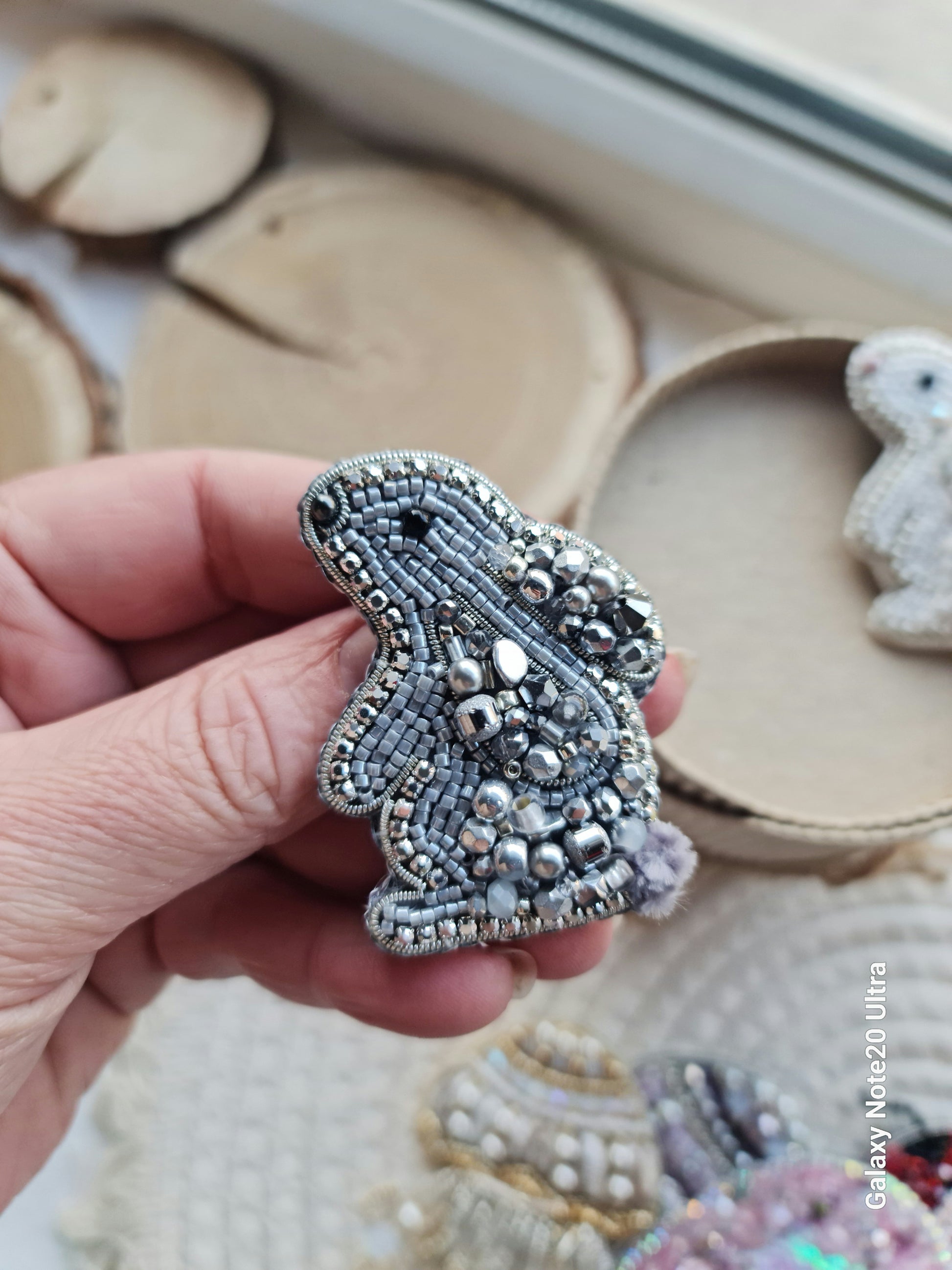 Gray mini bunny beaded brooch hand embroidered with beads pearls and crystal details