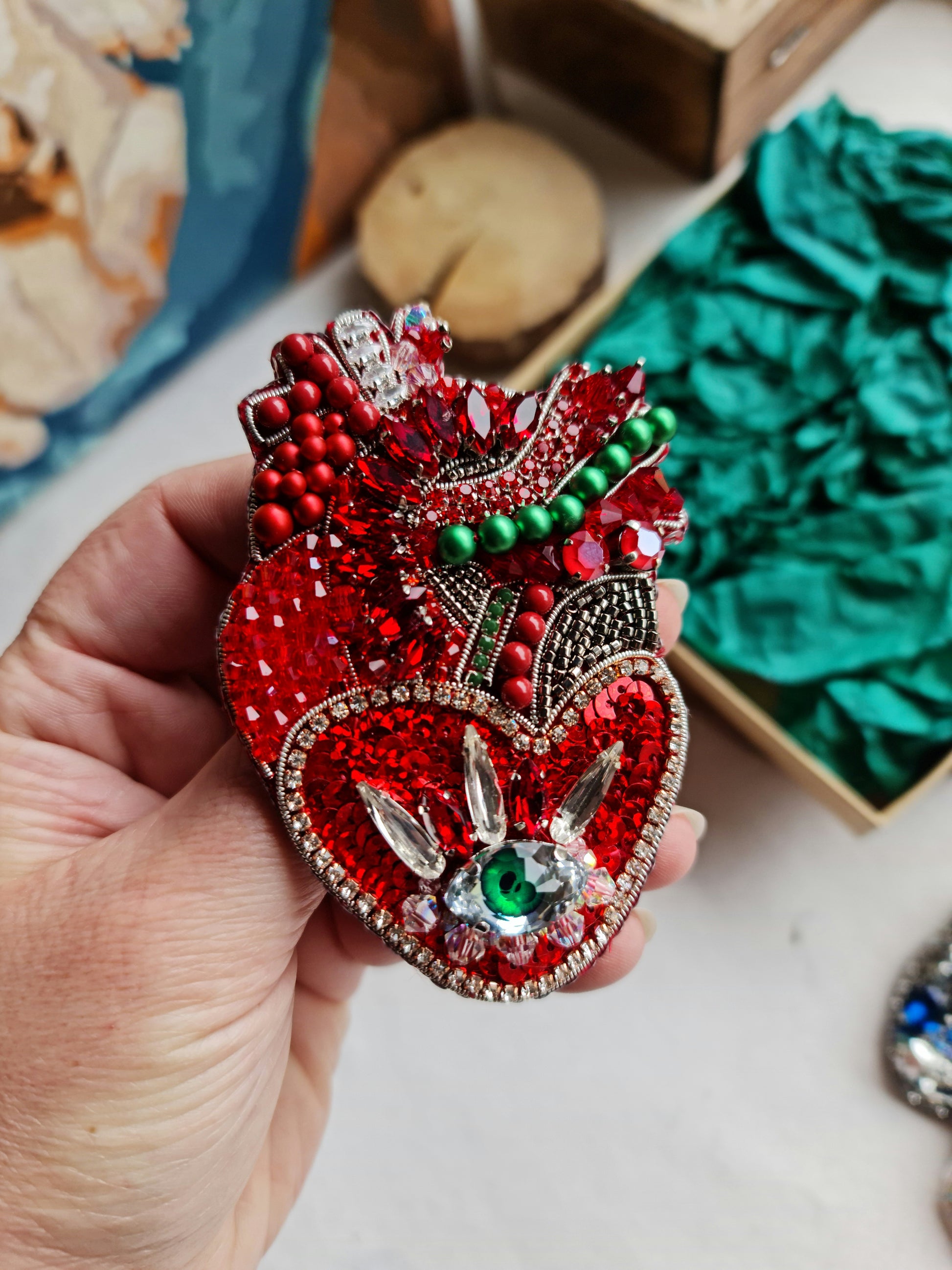 Red Anatomical Heart Eye Brooch