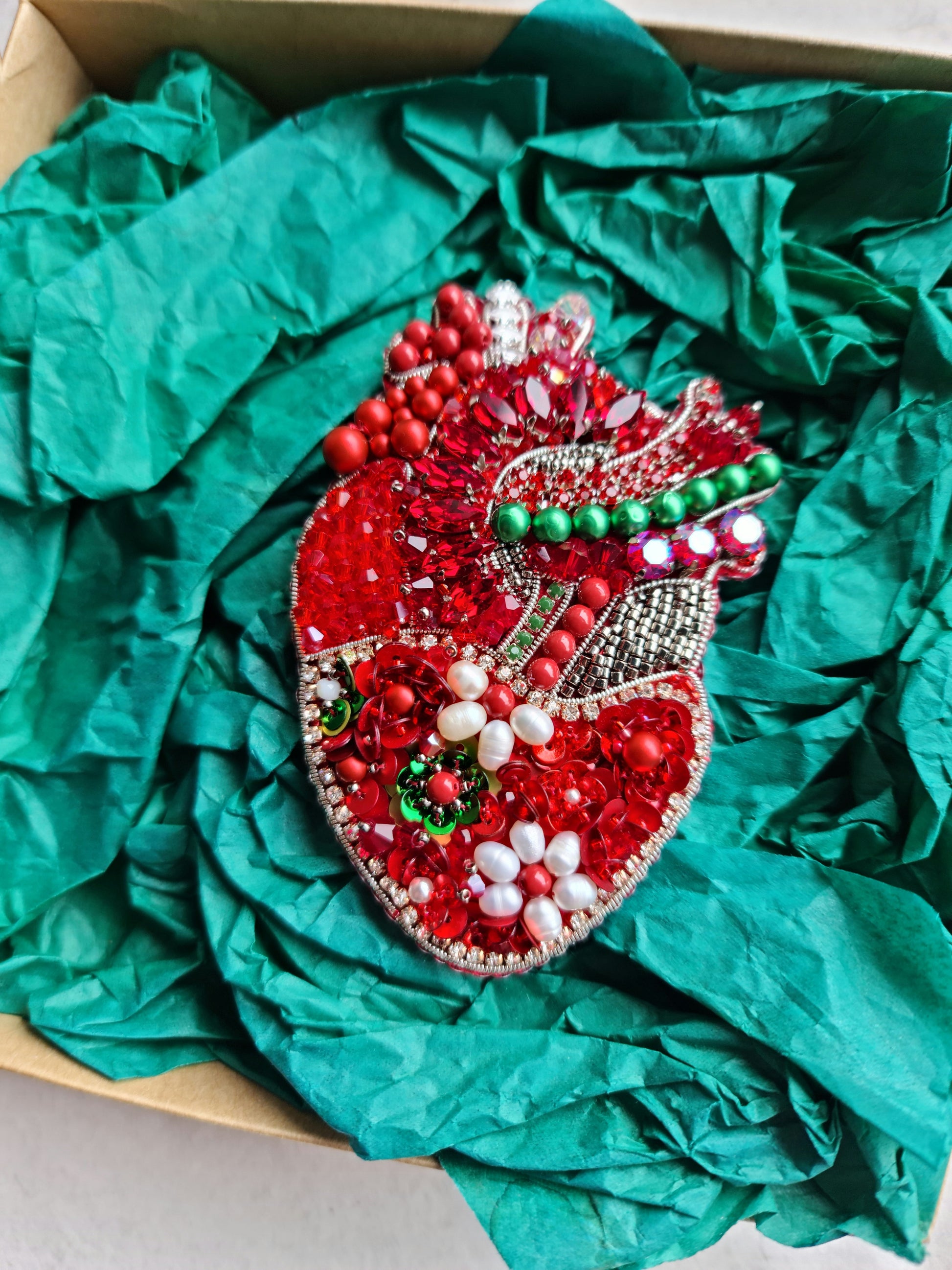 Red Floral Anatomical Heart Beaded Brooch