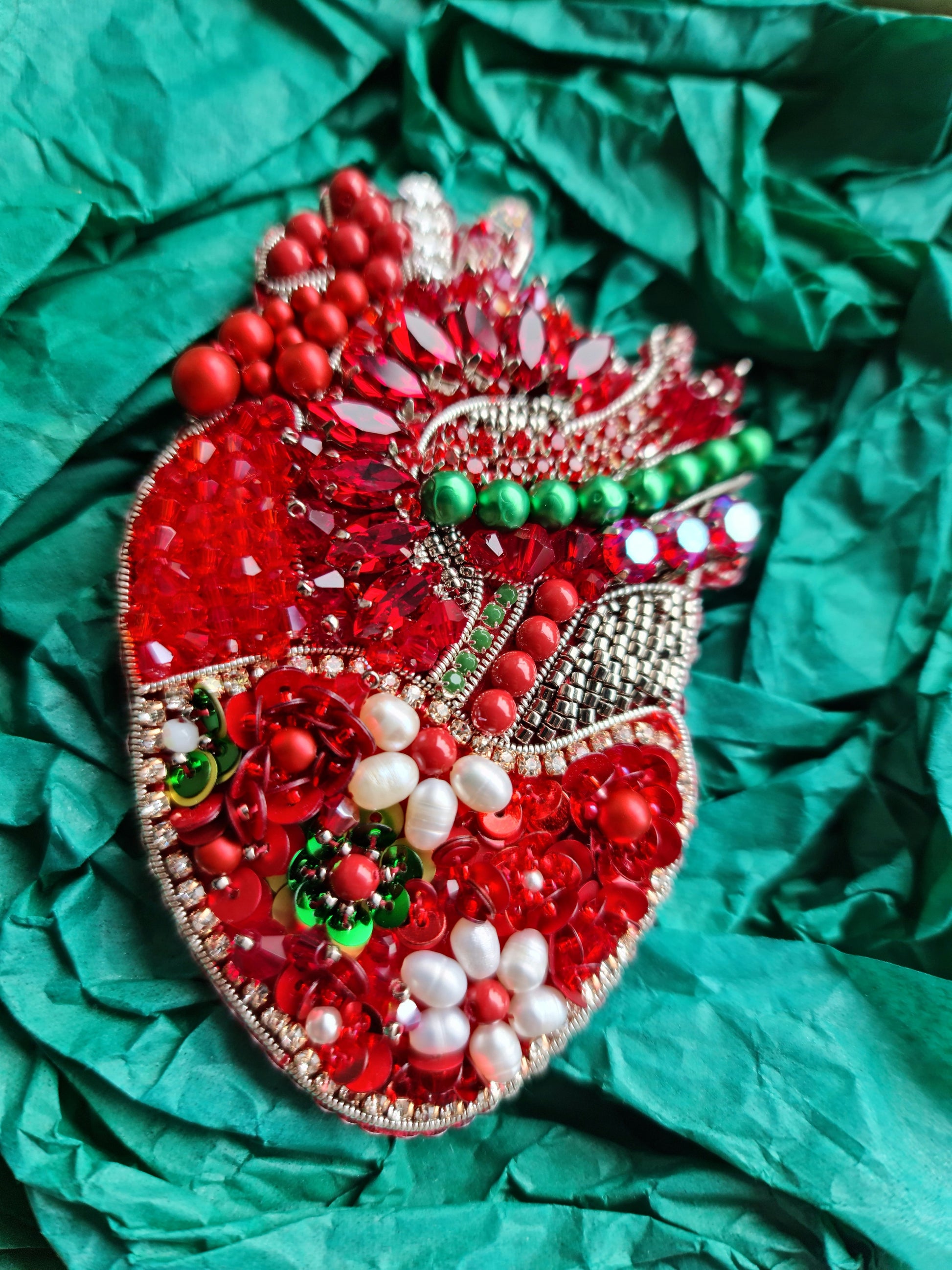 Red Floral Anatomical Heart Beaded Brooch