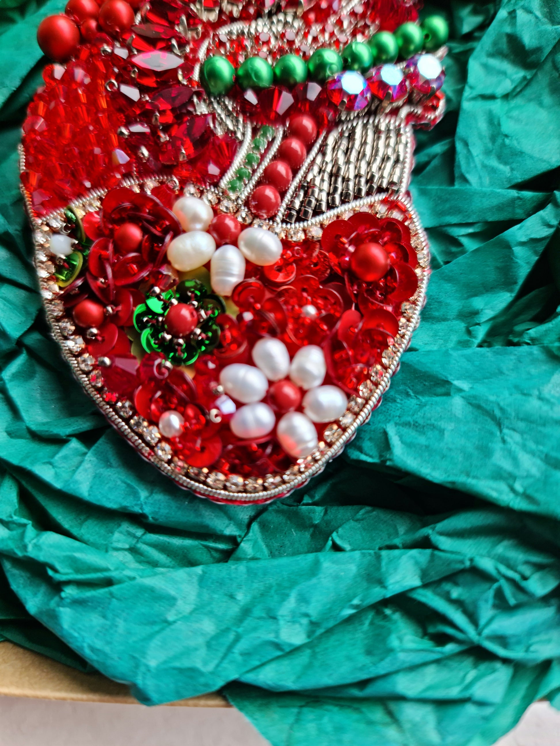 Red Floral Anatomical Heart Beaded Brooch
