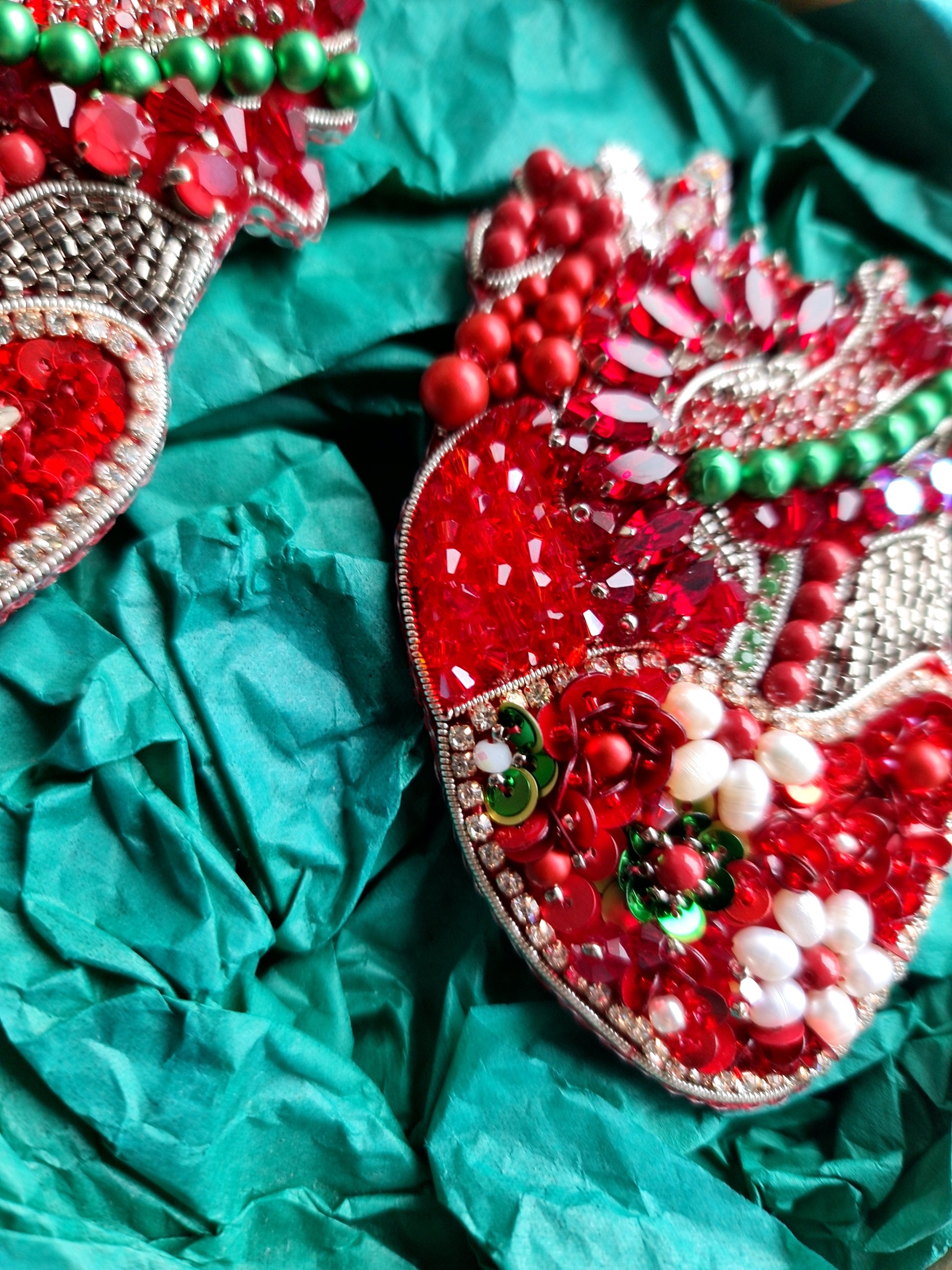 Red Floral Anatomical Heart Beaded Brooch