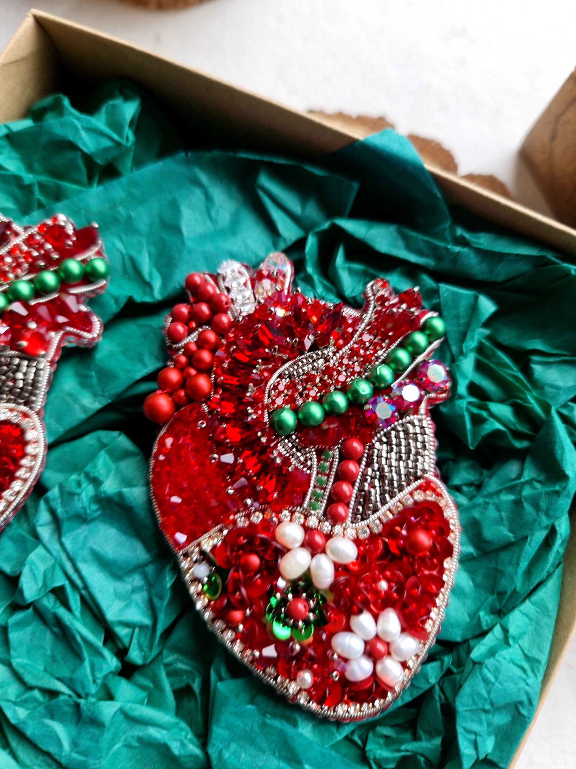 Red Floral Anatomical Heart Beaded Brooch