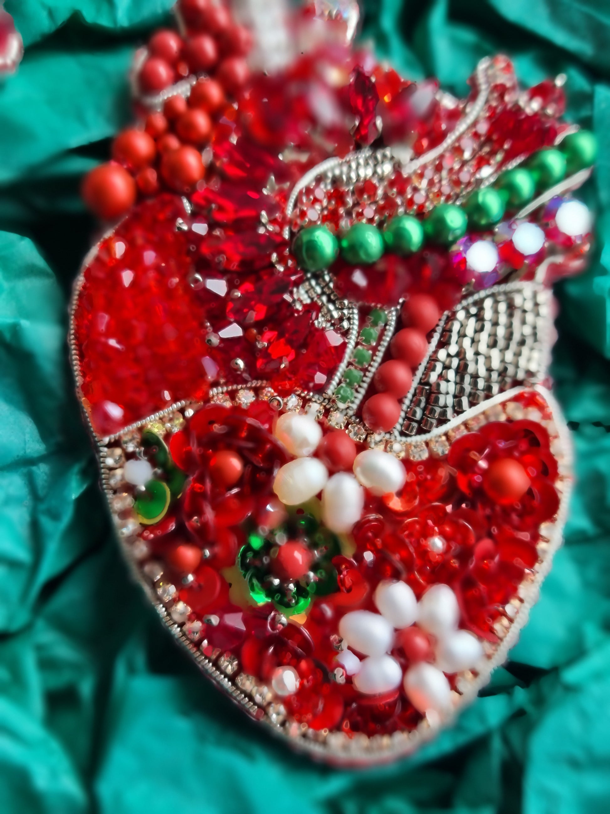 Red Floral Anatomical Heart Beaded Brooch