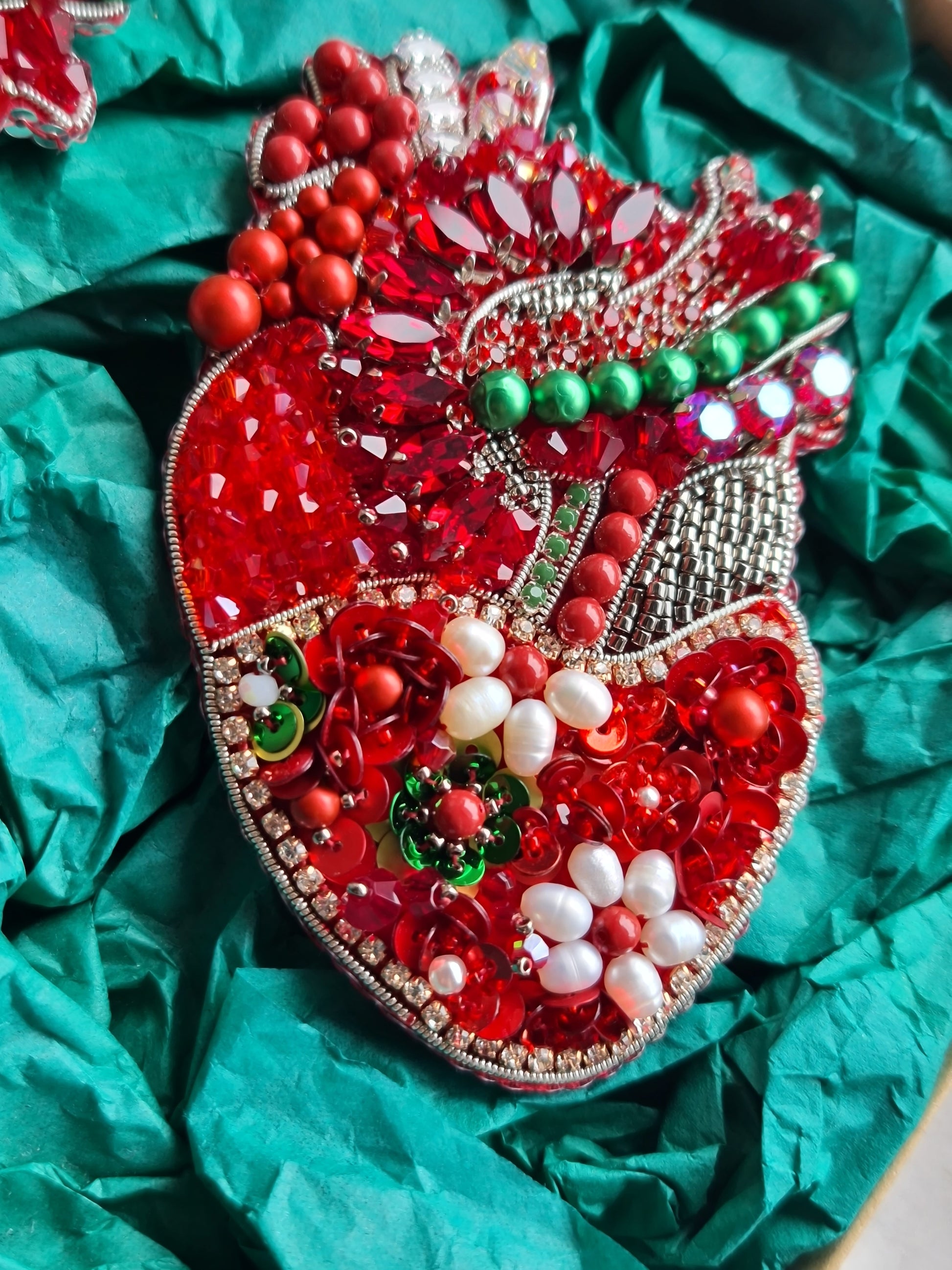 Red Floral Anatomical Heart Beaded Brooch