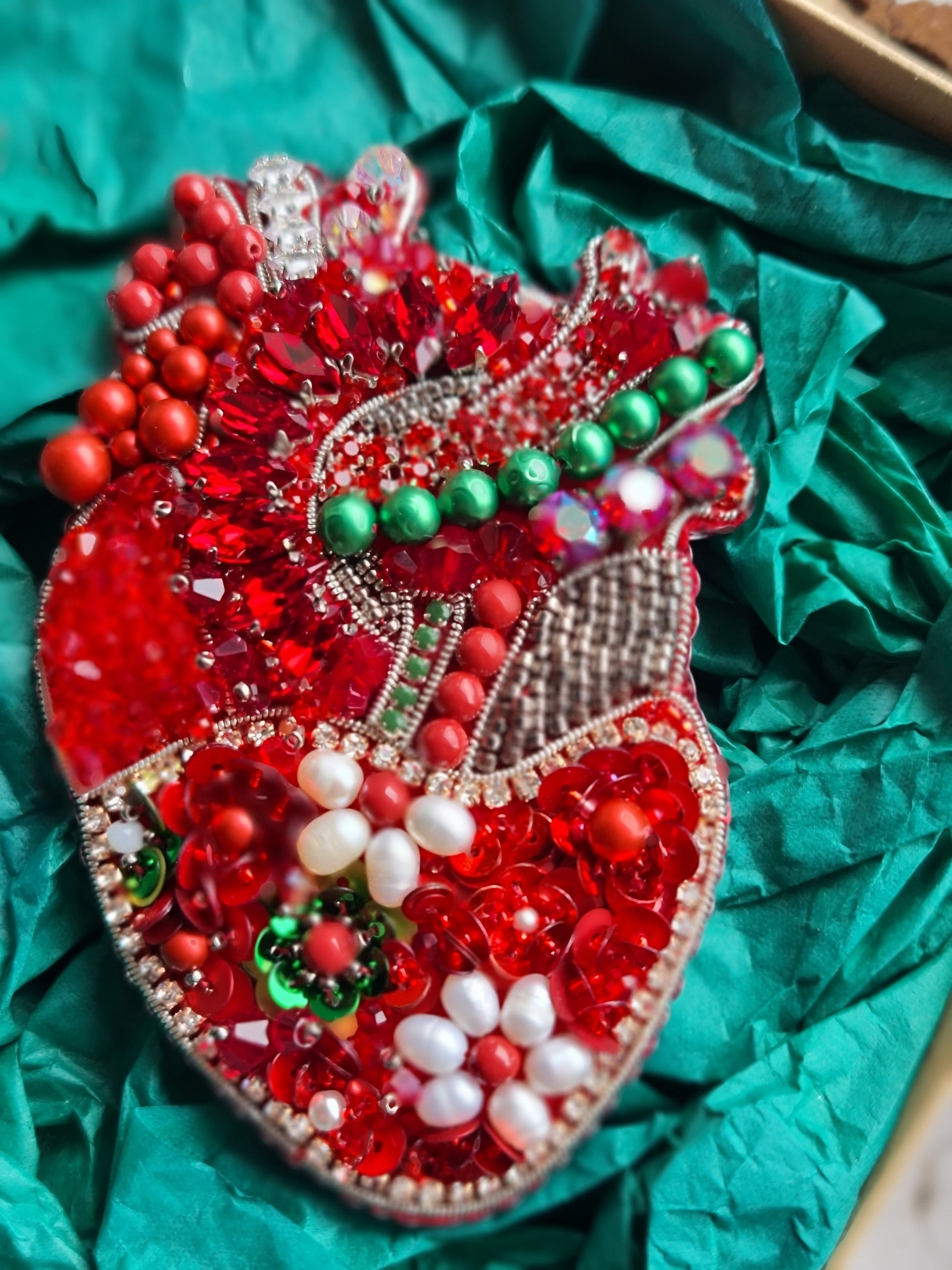 Red Floral Anatomical Heart Beaded Brooch