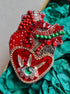 Red anatomical heart brooch with green eye, hand embroidered with beads and crystals