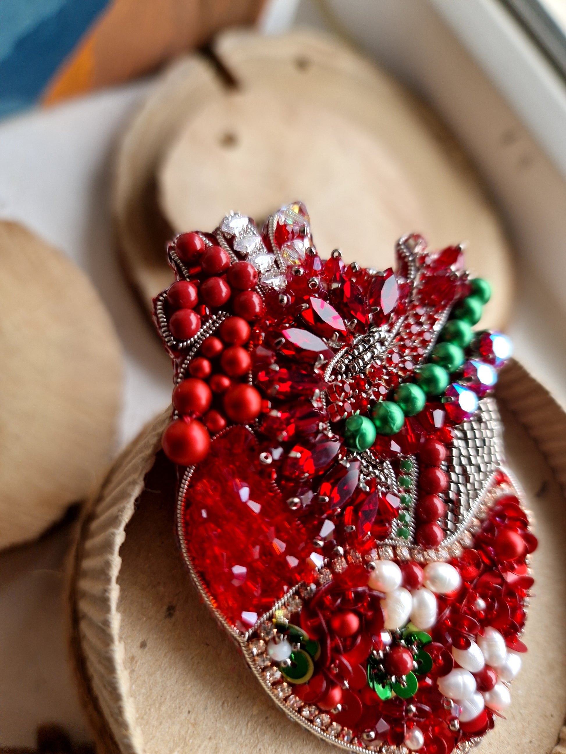 Red Floral Anatomical Heart Beaded Brooch