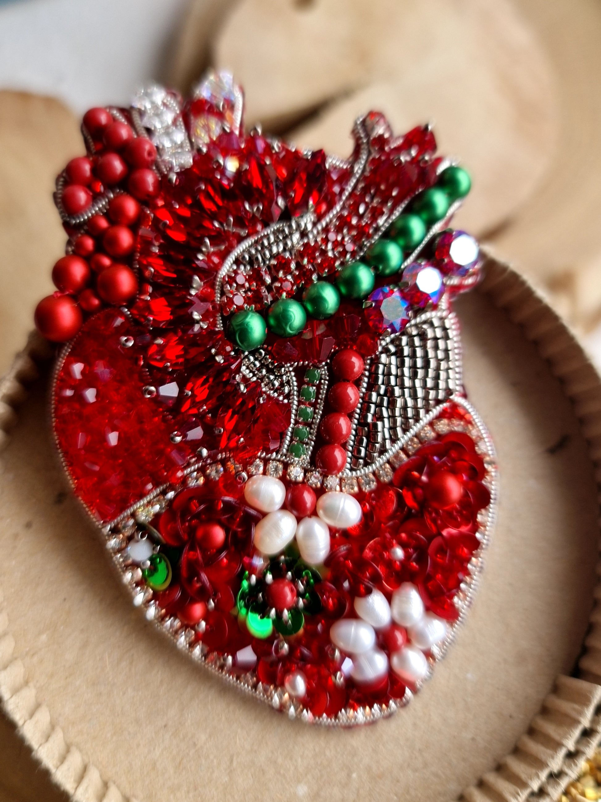 Red Floral Anatomical Heart Beaded Brooch