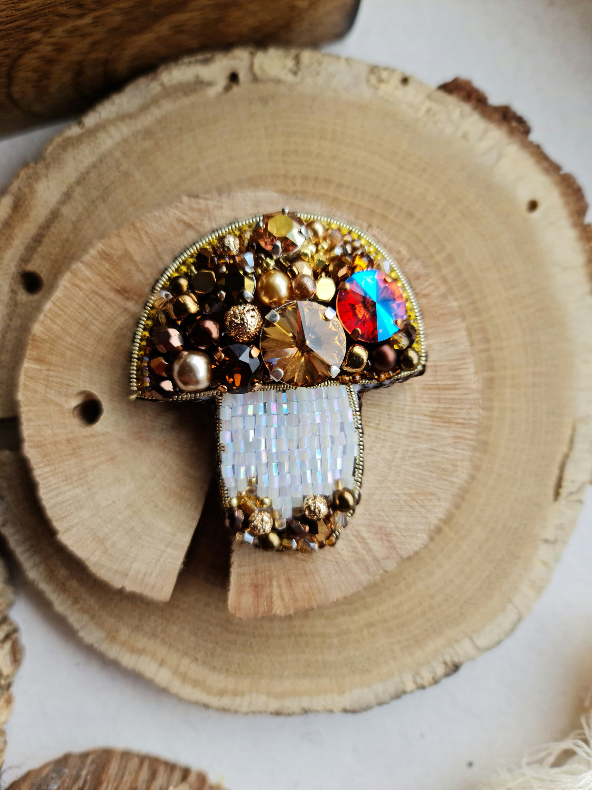 Brown Mushroom Beaded Brooch