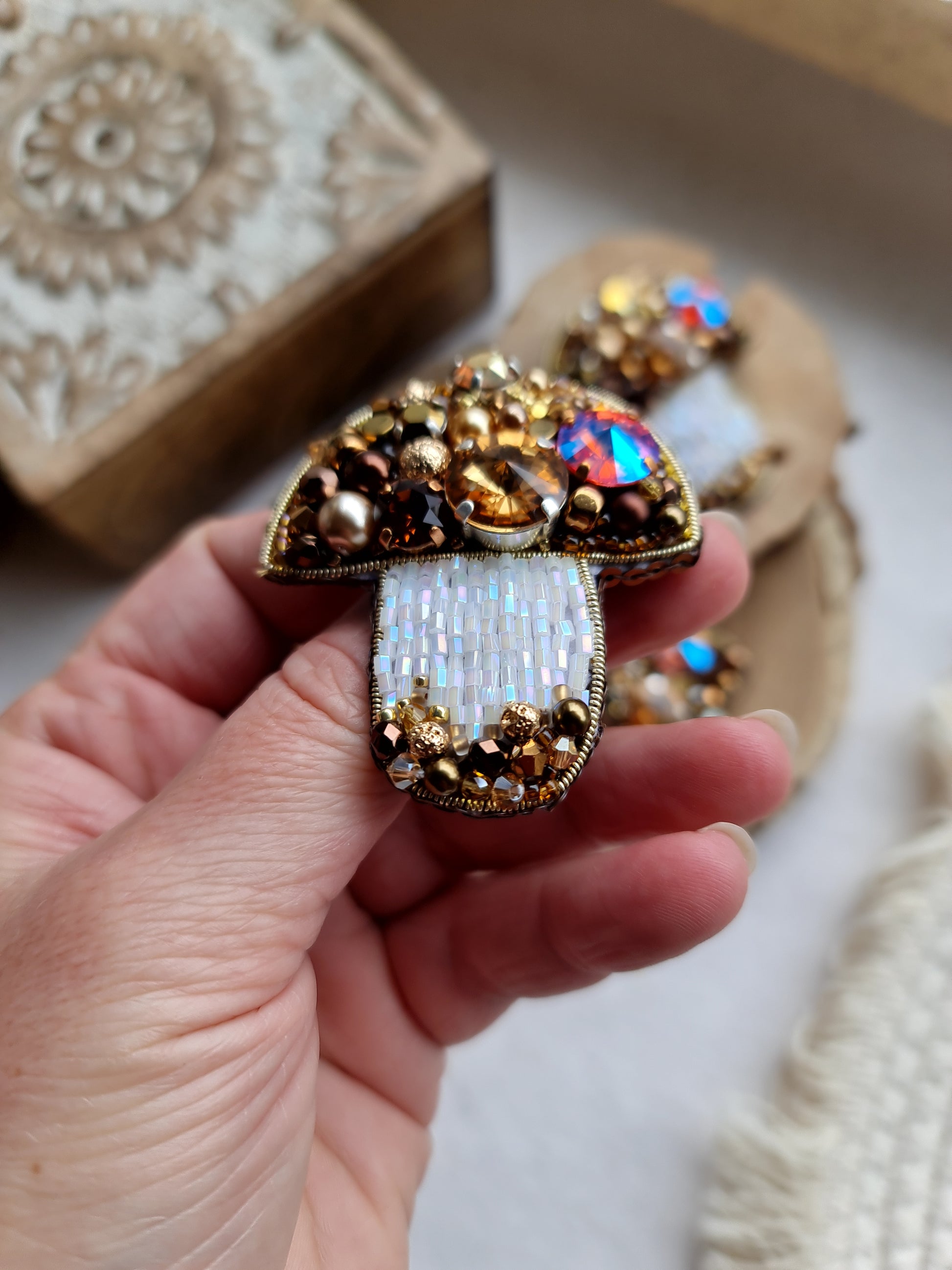 Brown Mushroom Beaded Brooch