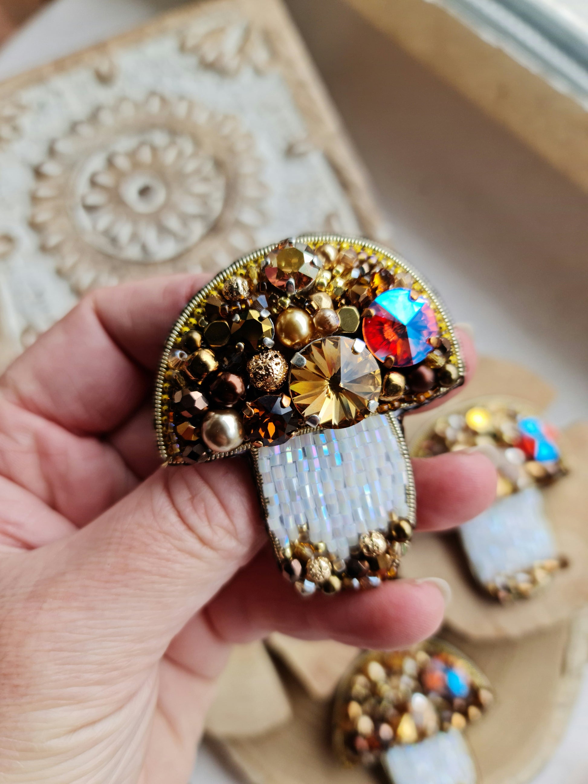 Brown Mushroom Beaded Brooch