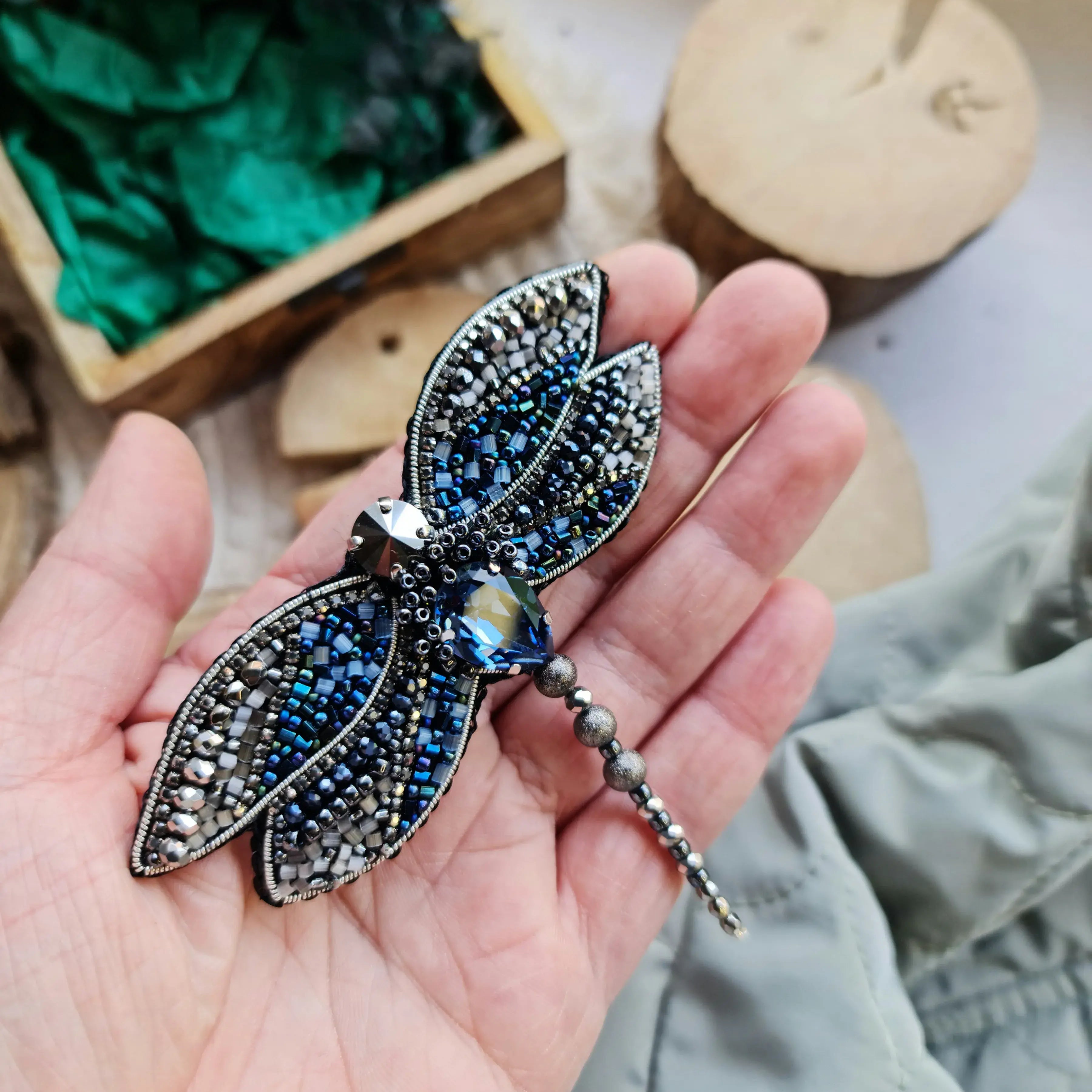Blue Dragonfly Beaded Brooch