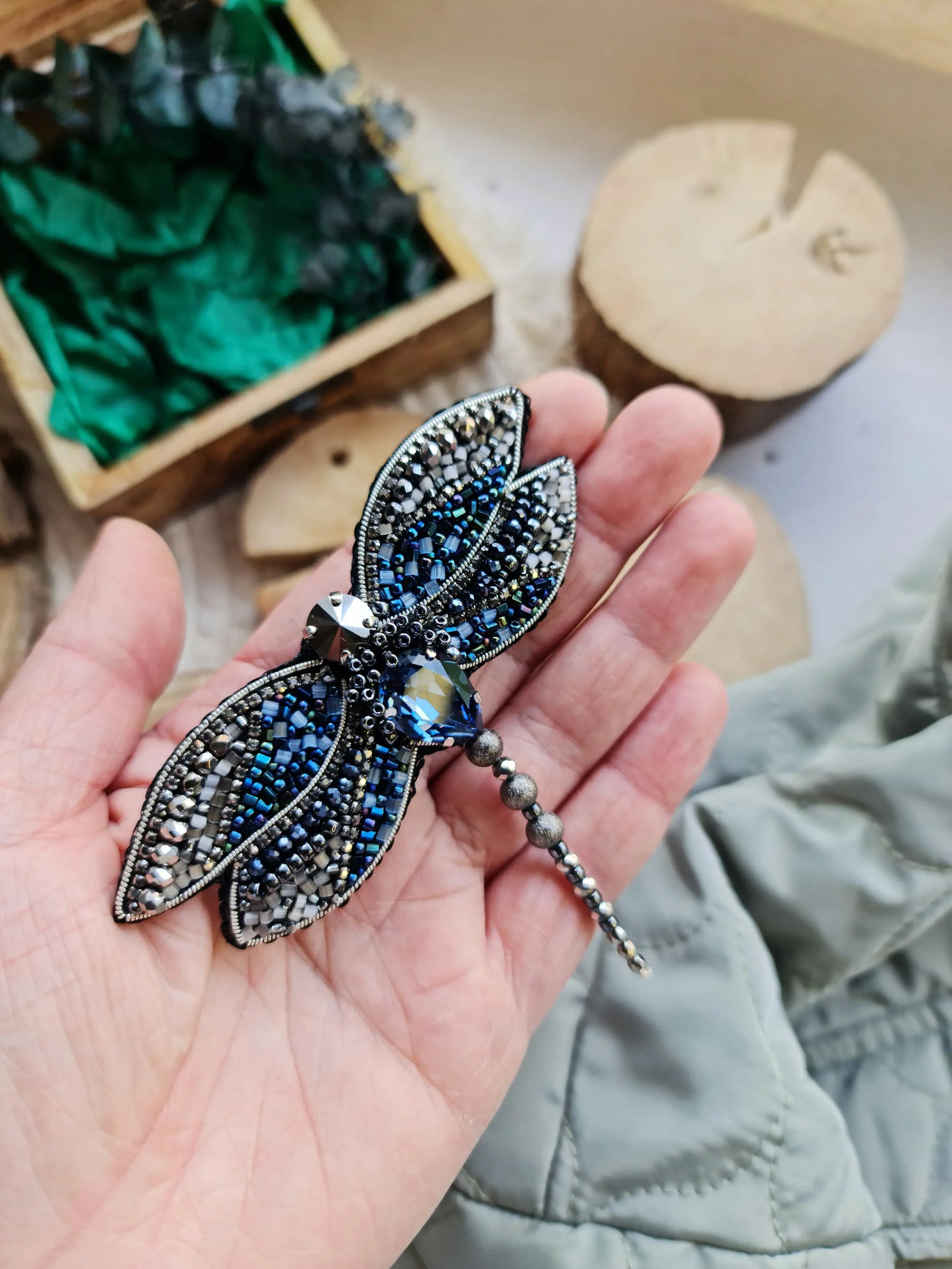 Blue Dragonfly Beaded Brooch