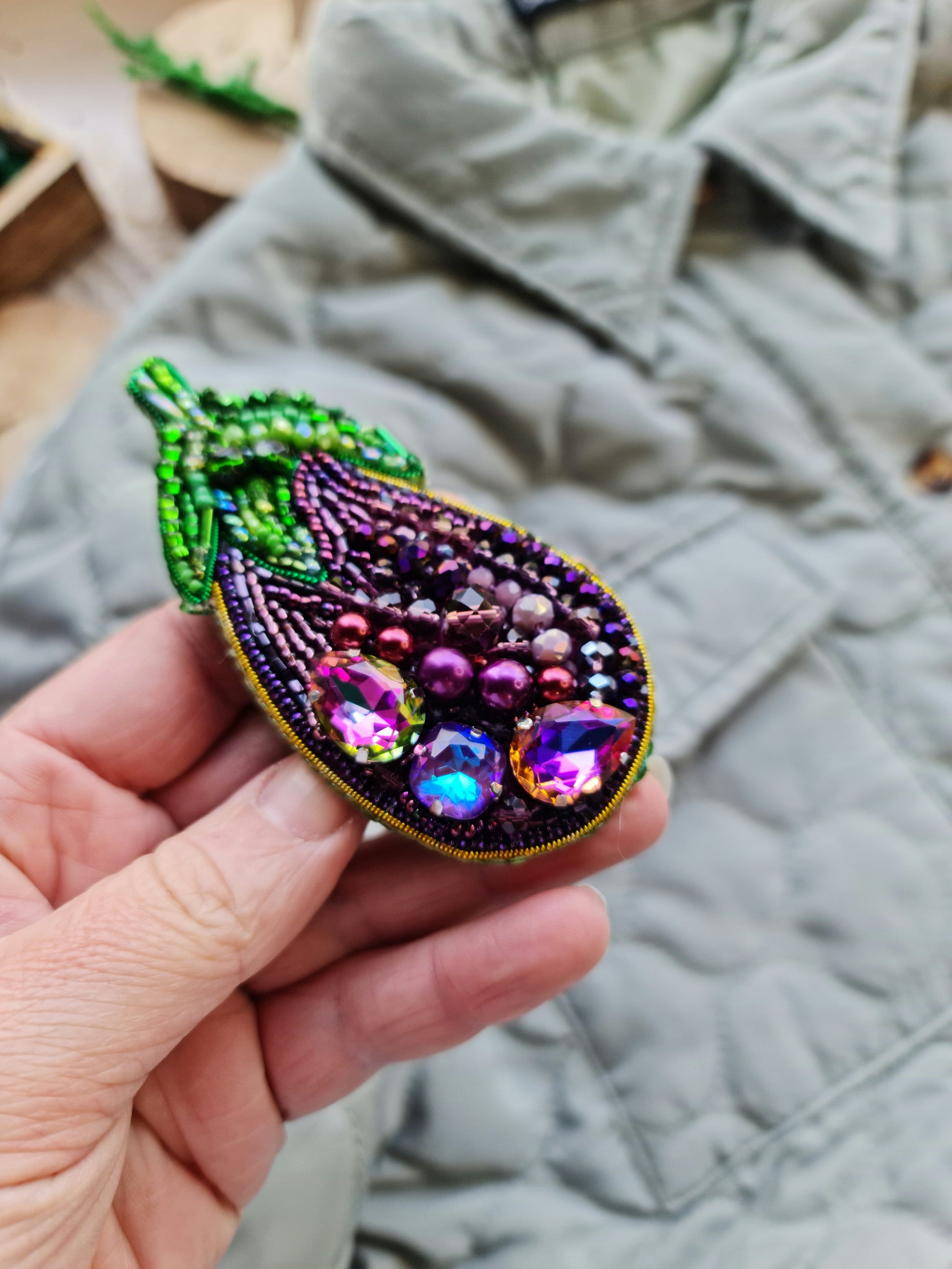 Eggplant Beaded Brooch