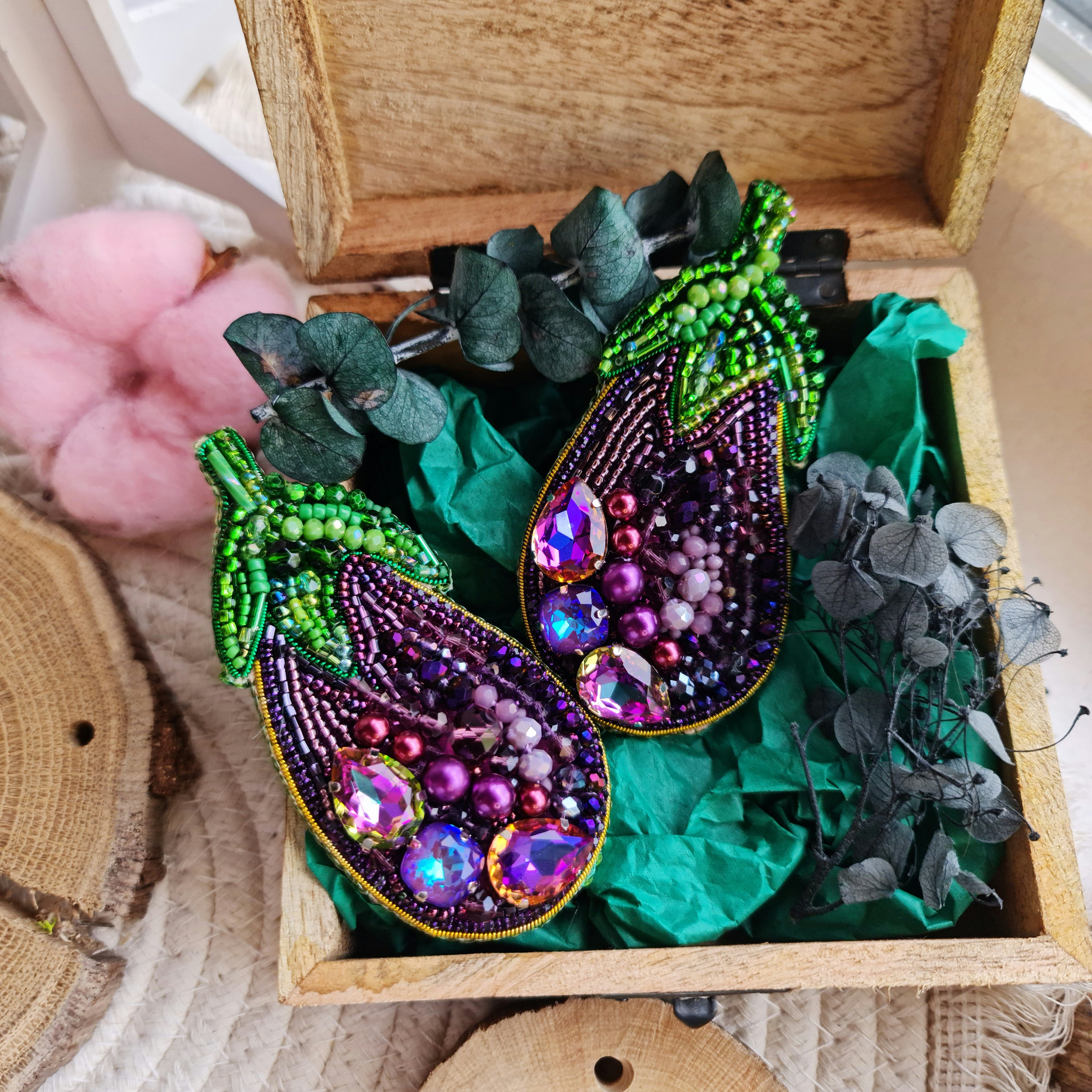 Eggplant beaded brooch hand embroidered with purple beads green leaves crystals and pearl details
