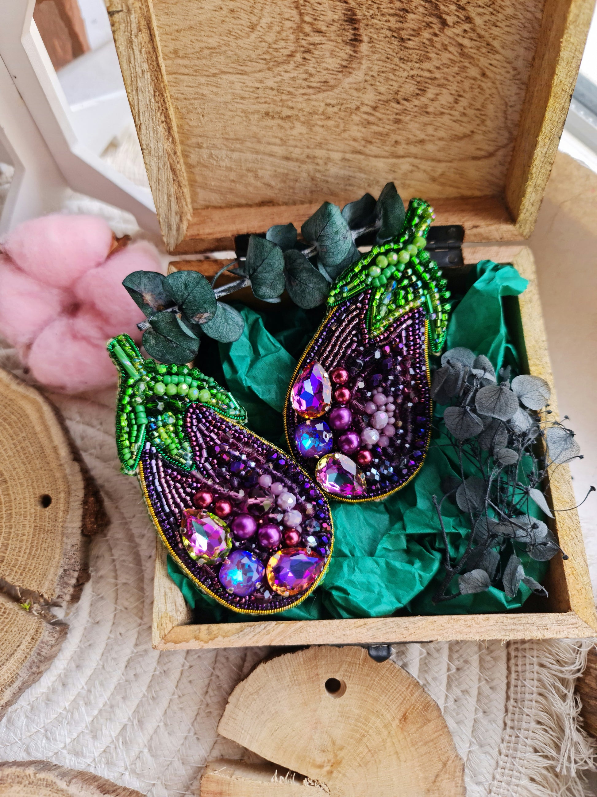 Eggplant beaded brooch hand embroidered with purple beads green leaves crystals and pearl details