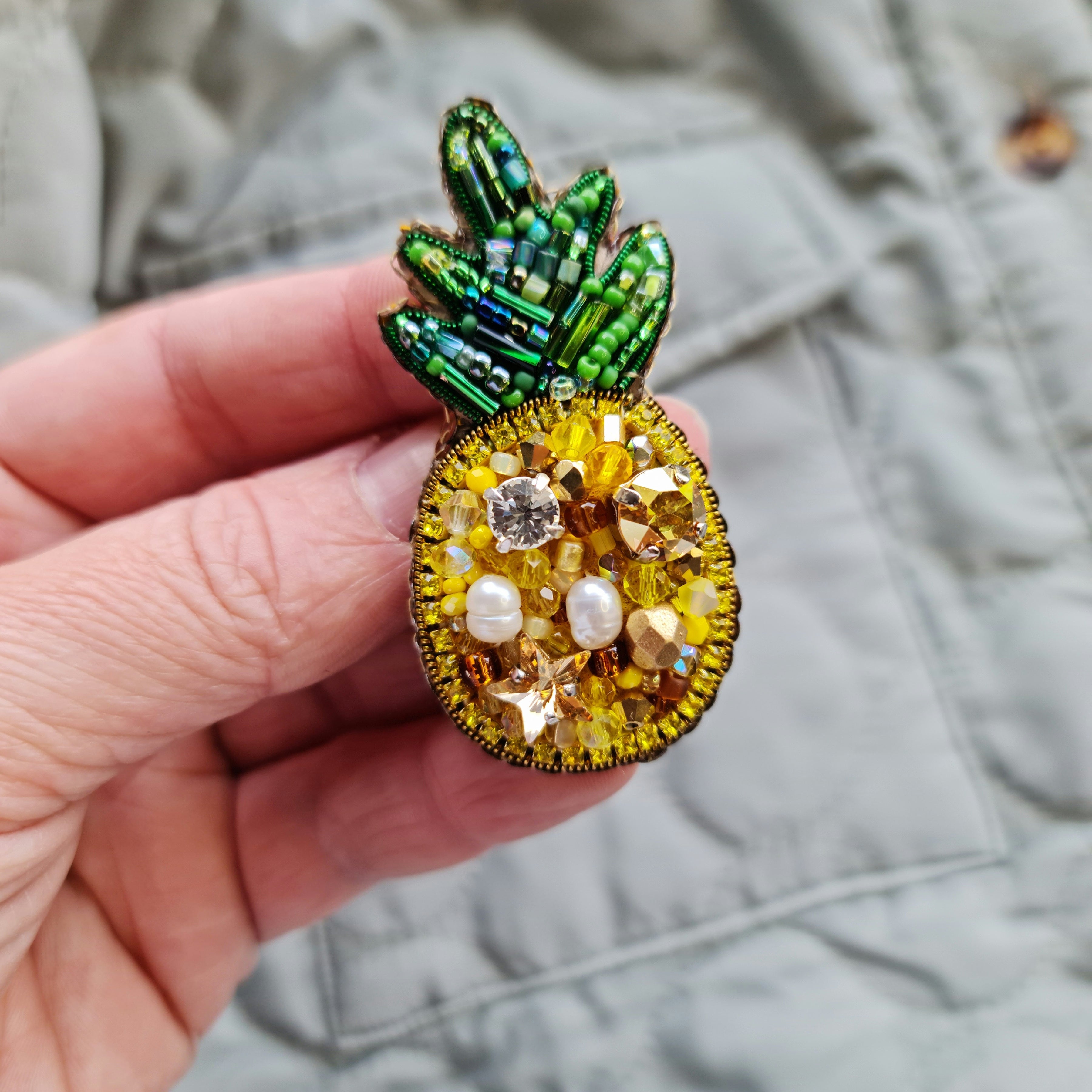 Pineapple beaded brooch hand embroidered with yellow beads green leaves and crystal details