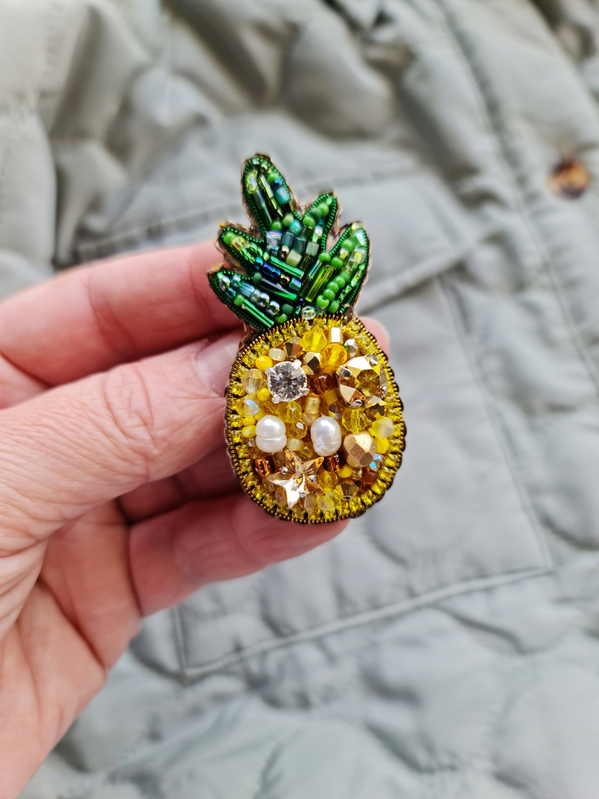 Pineapple beaded brooch hand embroidered with yellow beads green leaves and crystal details
