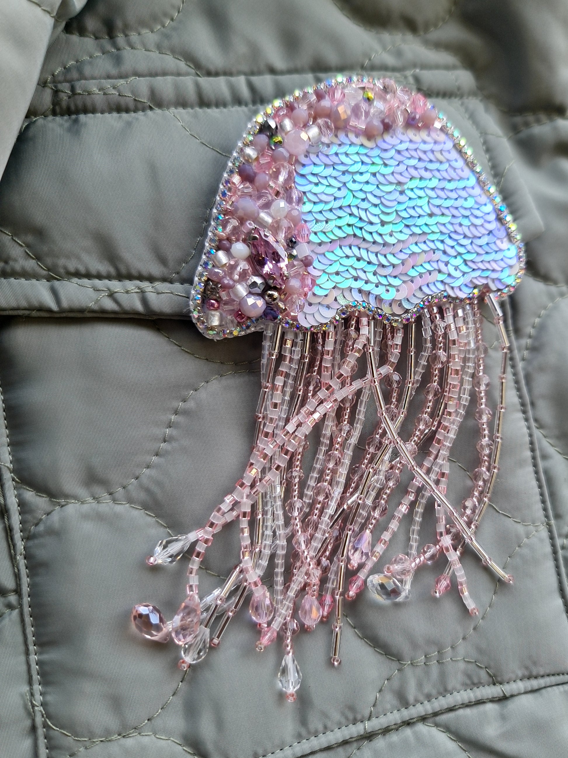 Pink Jellyfish Beaded Brooch or Keychain