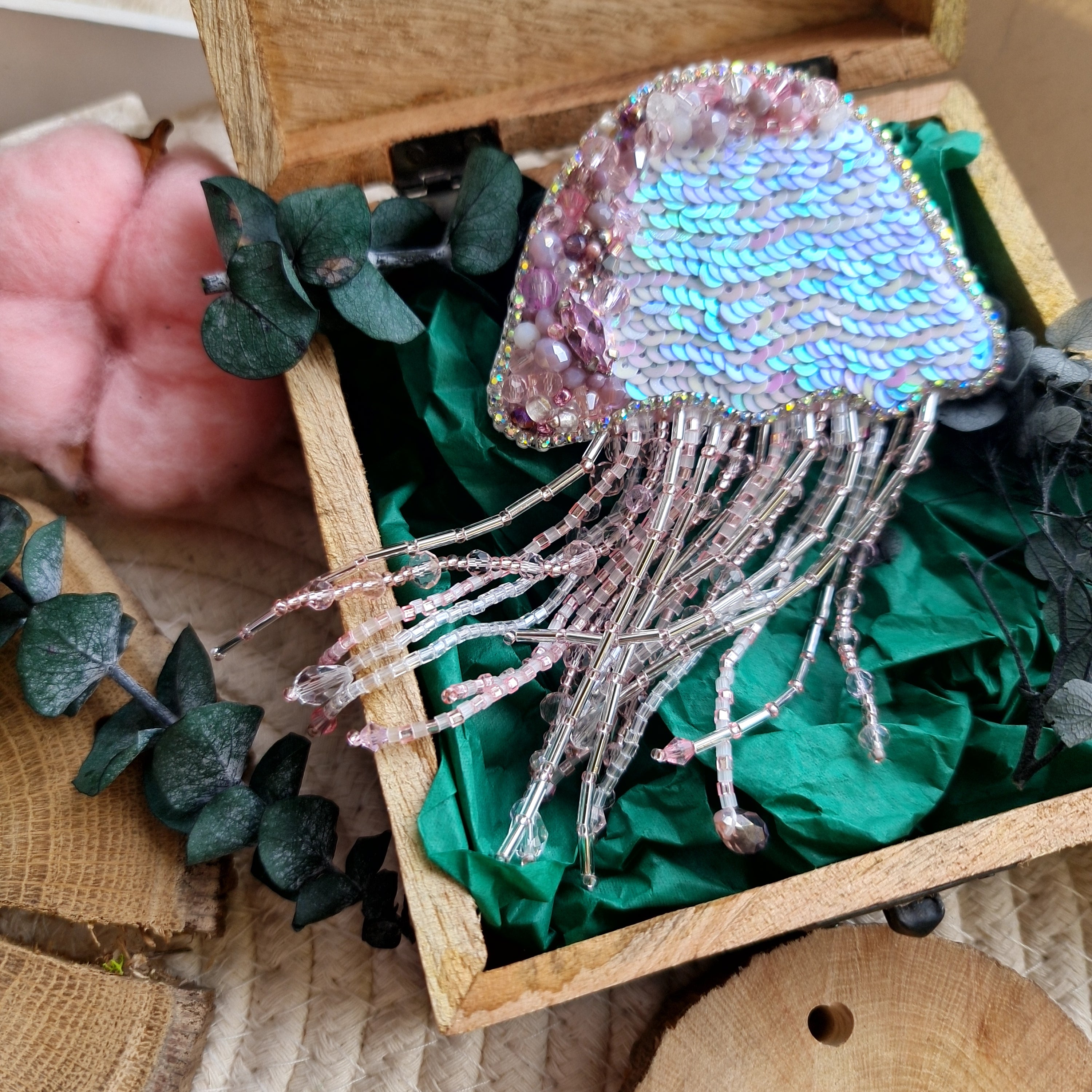 Blush pink jellyfish beaded brooch or keychain with shimmering sequins and long pastel beaded tentacles