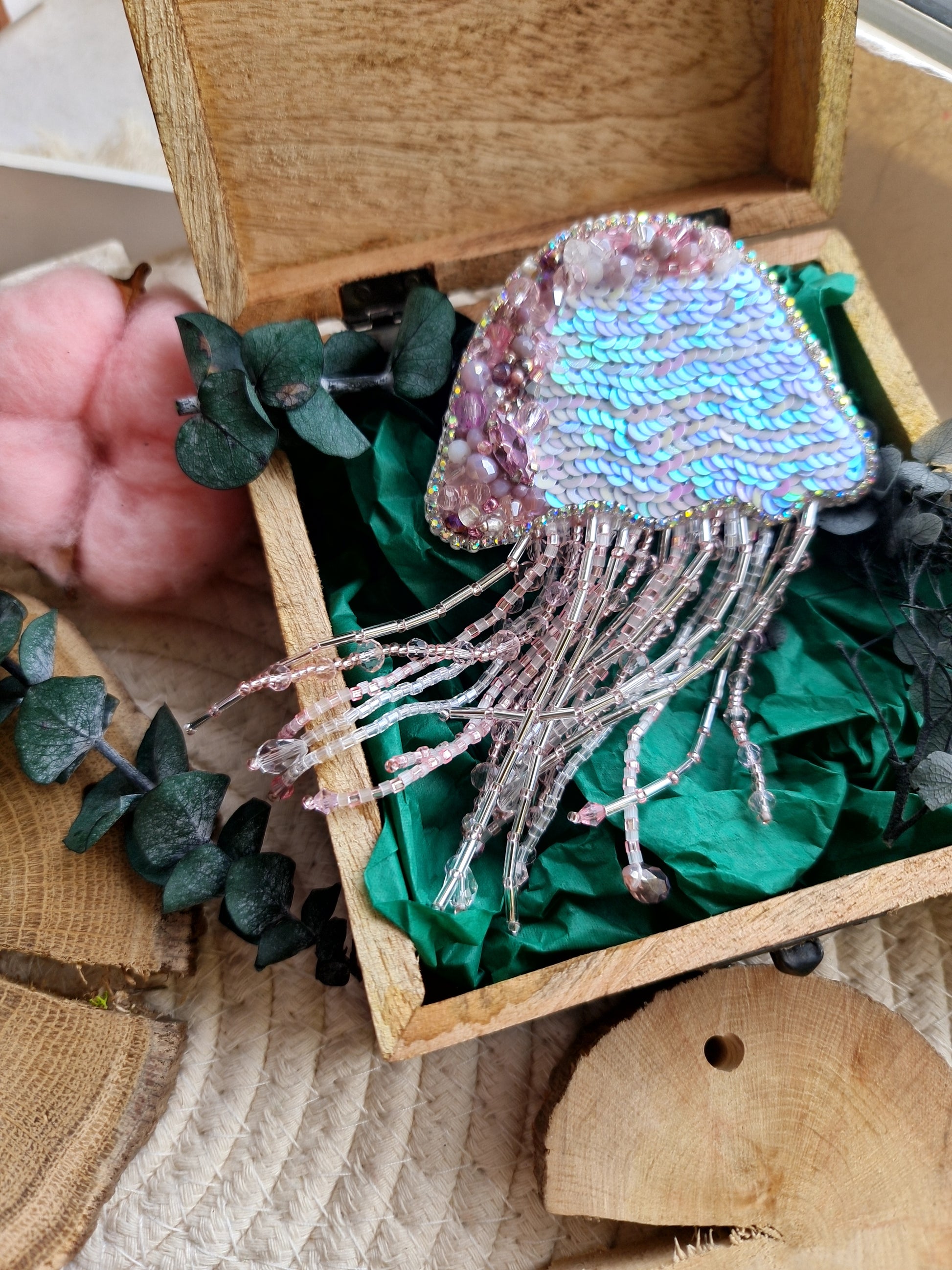Blush pink jellyfish beaded brooch or keychain with shimmering sequins and long pastel beaded tentacles